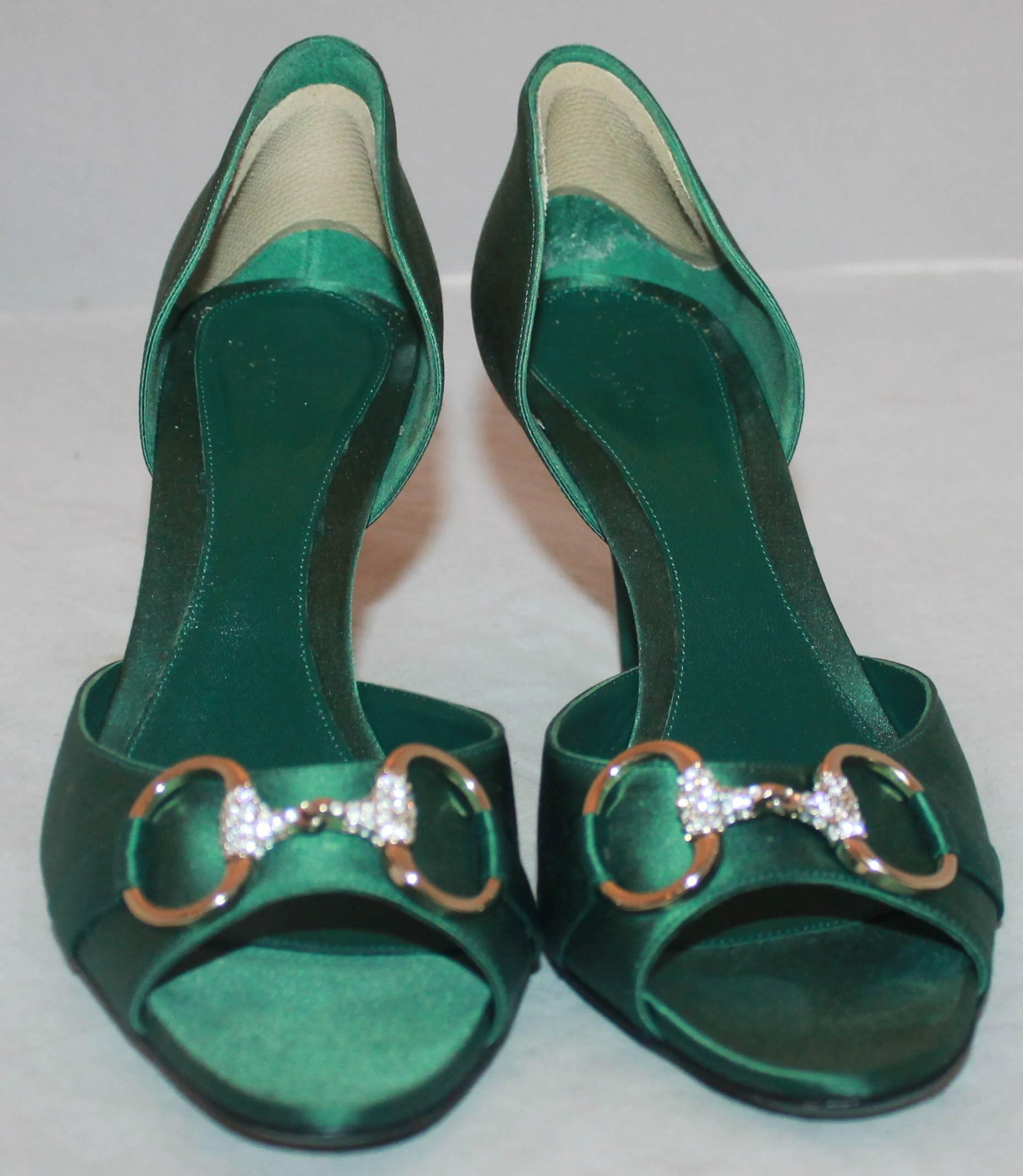 Black Gucci Green Satin Peep Toe Heels w/ Gold Buckle & Rhinestones - 6.5B