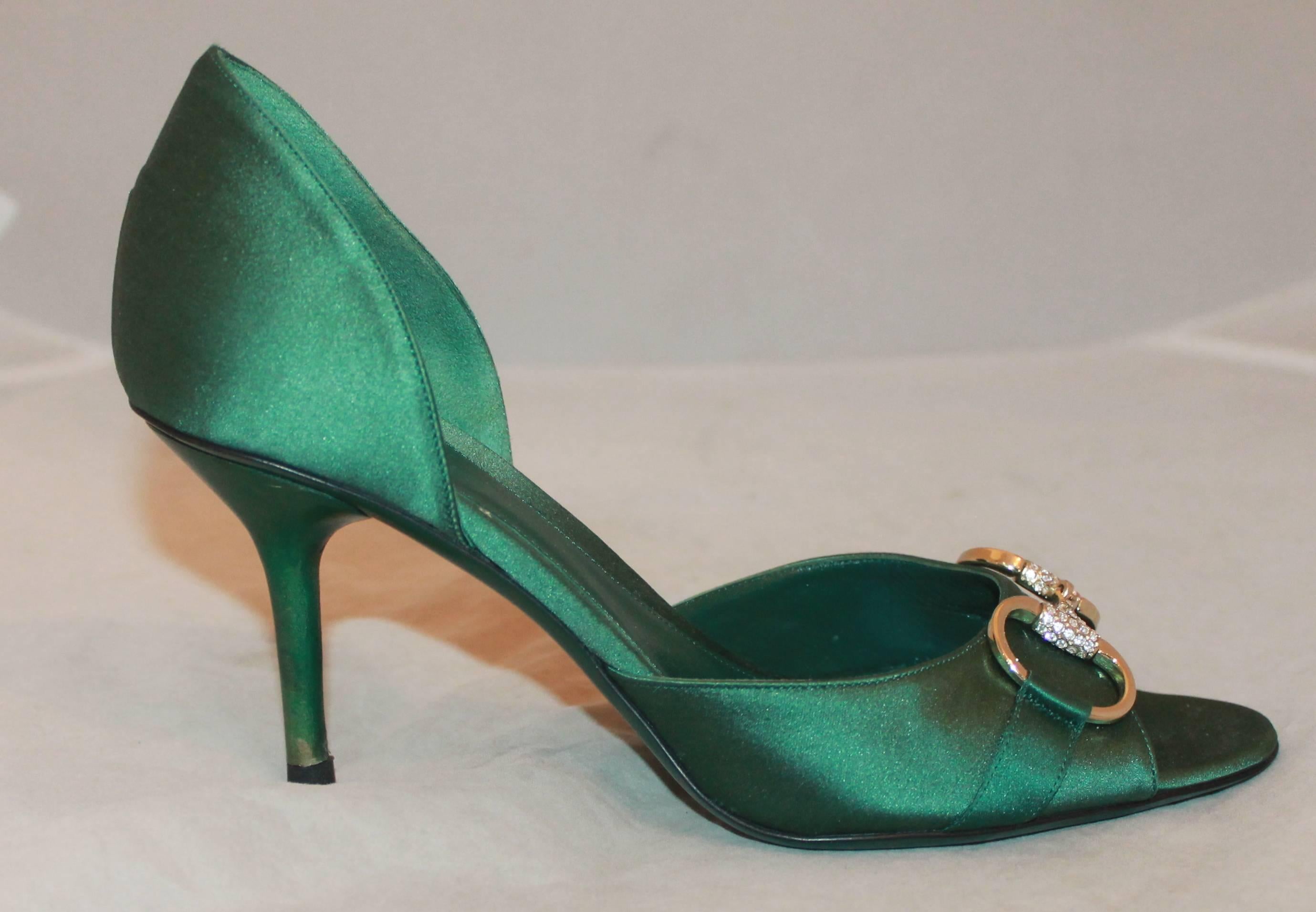 Gucci Green Satin Peep Toe Heels w/ Gold Buckle & Rhinestones - 6.5B.  These classy heels are in excellent condition.  They feature a lovely green satin fabric, a gold Gucci buckle with rhinestones, and a cutout section.  These are the perfect