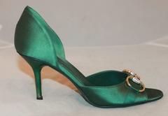 Gucci Green Satin Peep Toe Heels w/ Gold Buckle & Rhinestones - 6.5B