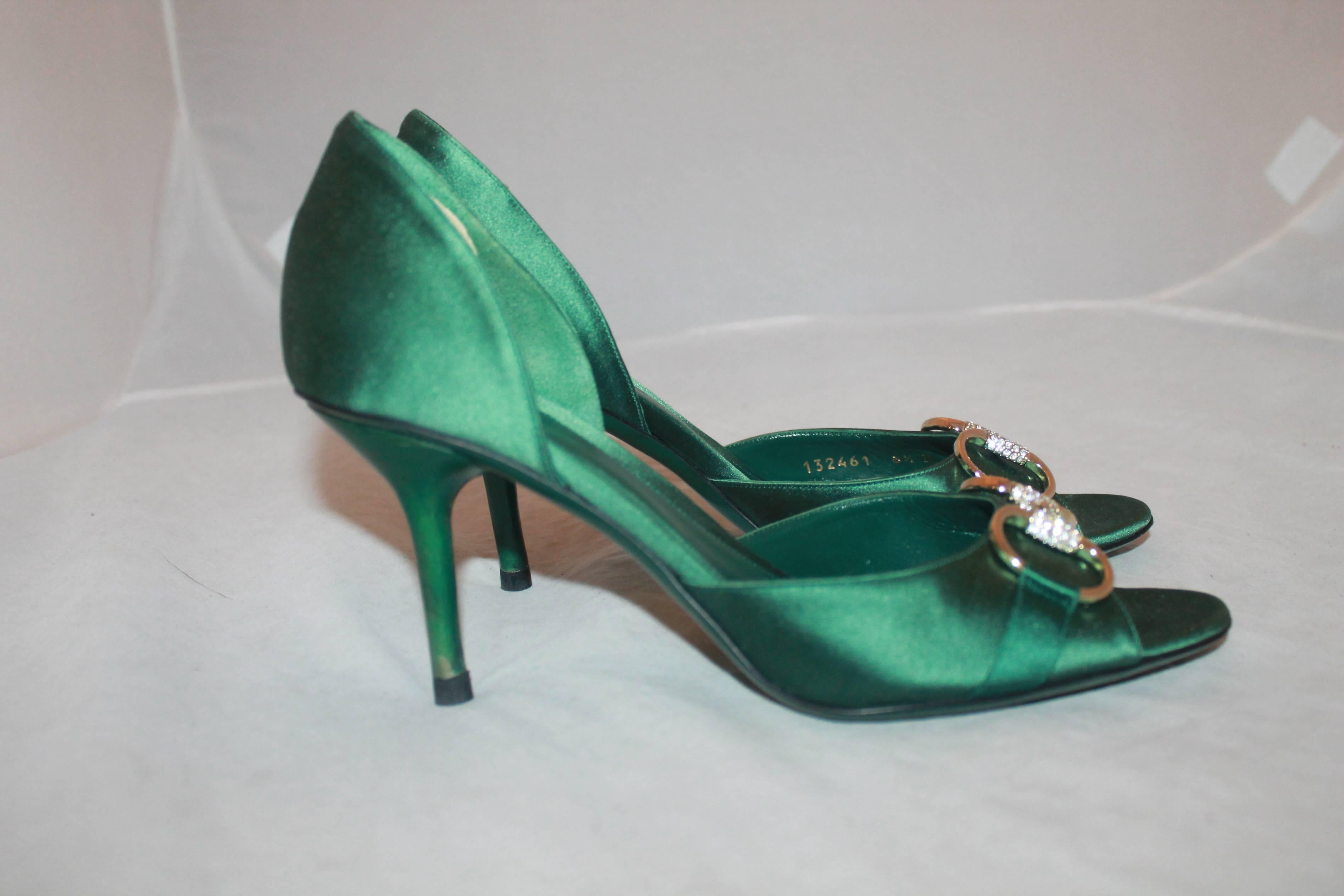 Women's Gucci Green Satin Peep Toe Heels w/ Gold Buckle & Rhinestones - 6.5B