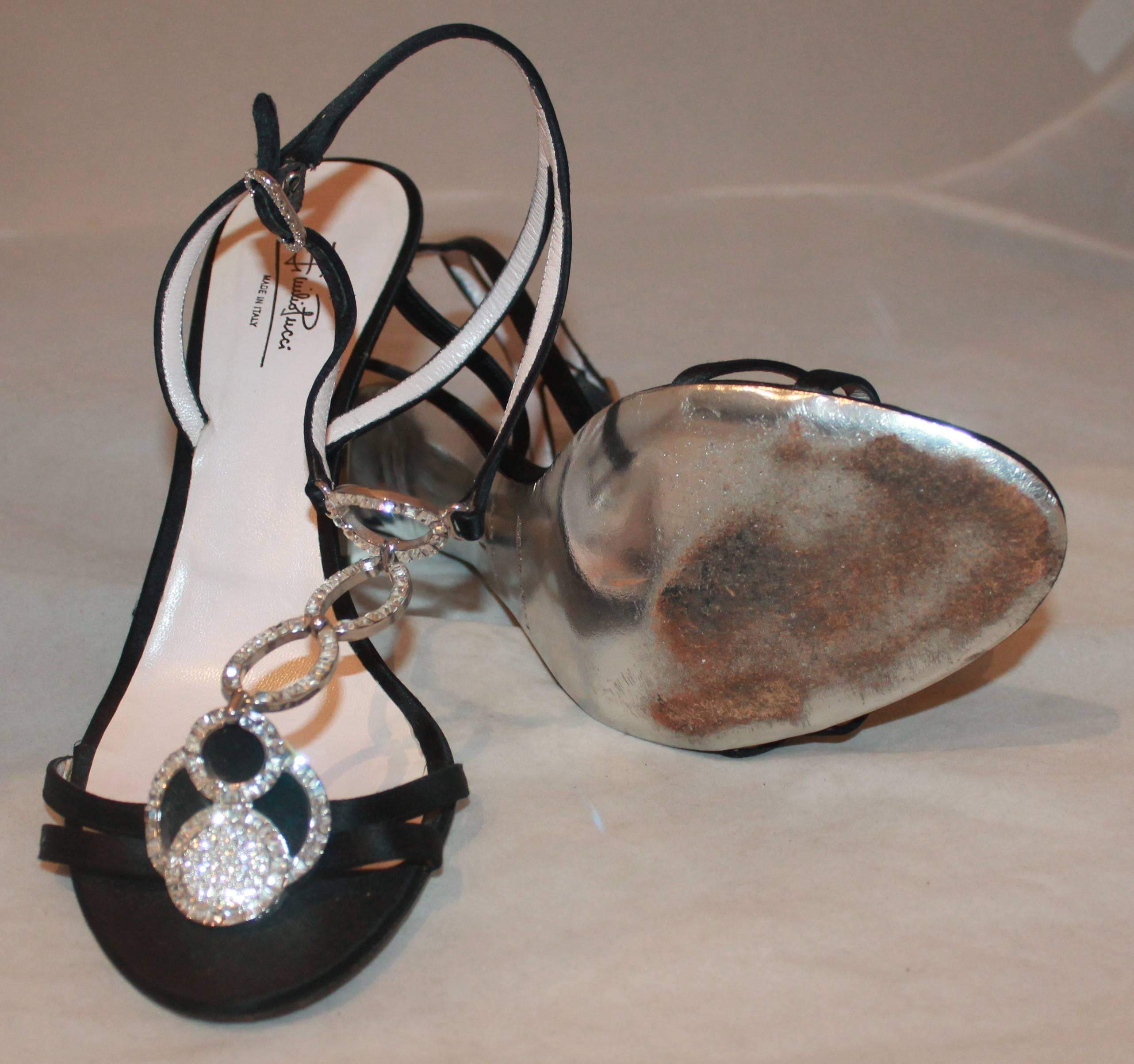 Beige Emilio Pucci Black Satin Strappy Sandal Heels w/ Rhinestone Detail - 41 For Sale