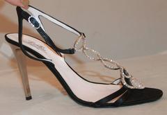 Emilio Pucci Black Satin Strappy Sandal Heels w/ Rhinestone Detail - 41
