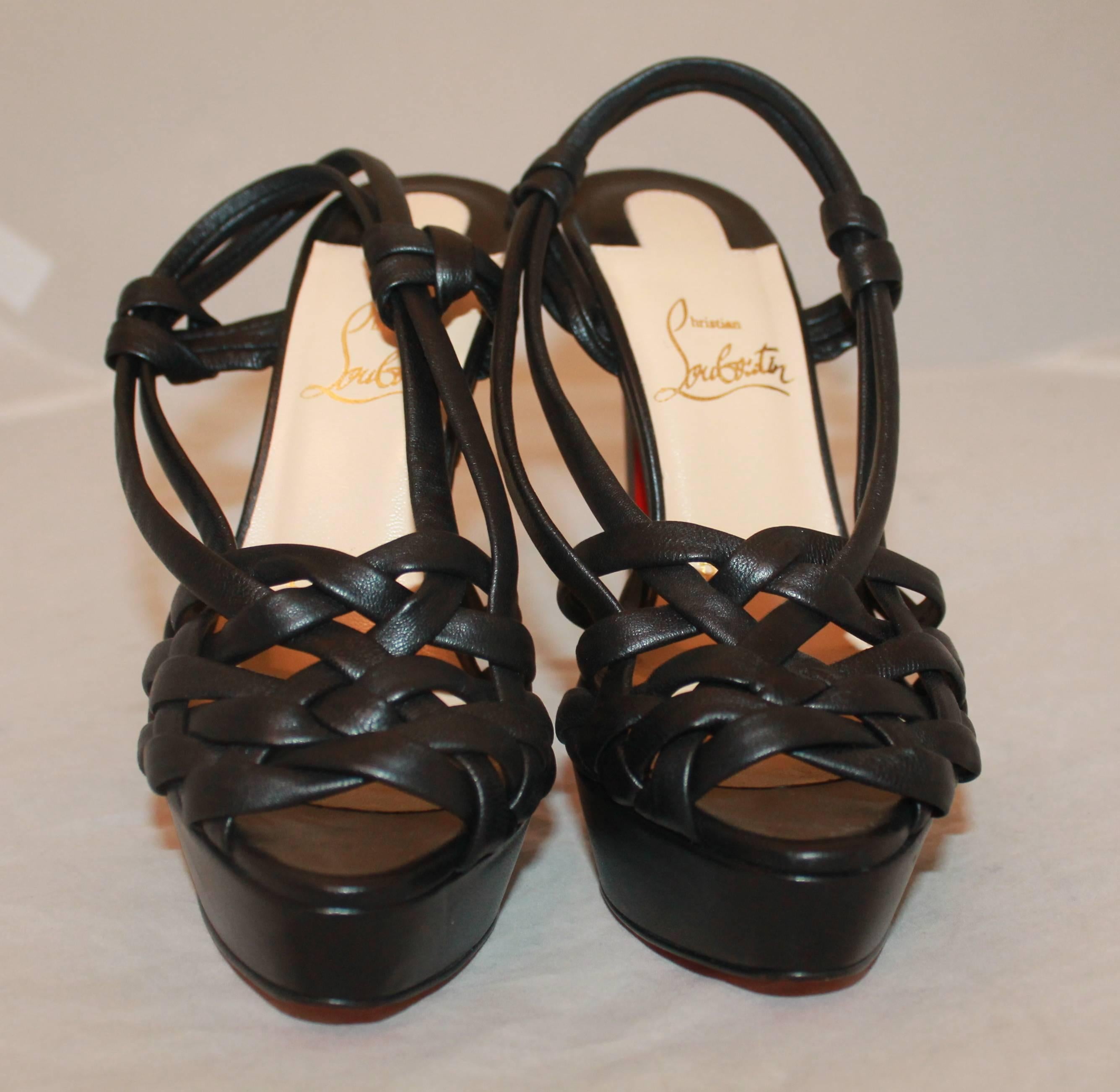 Christian Louboutin Black Leather Strappy Platform Heels - 36 In New Condition In West Palm Beach, FL