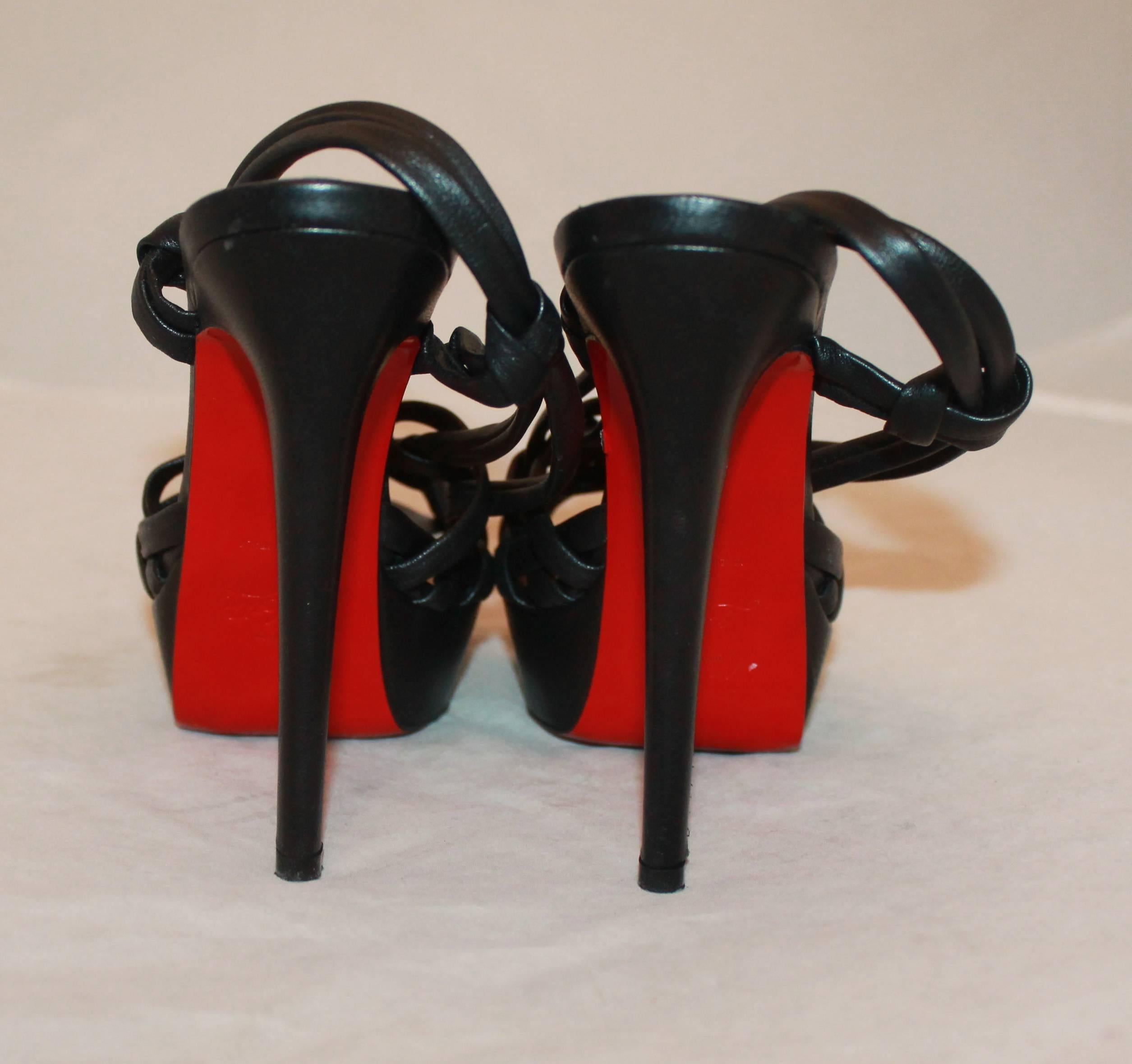 Women's Christian Louboutin Black Leather Strappy Platform Heels - 36