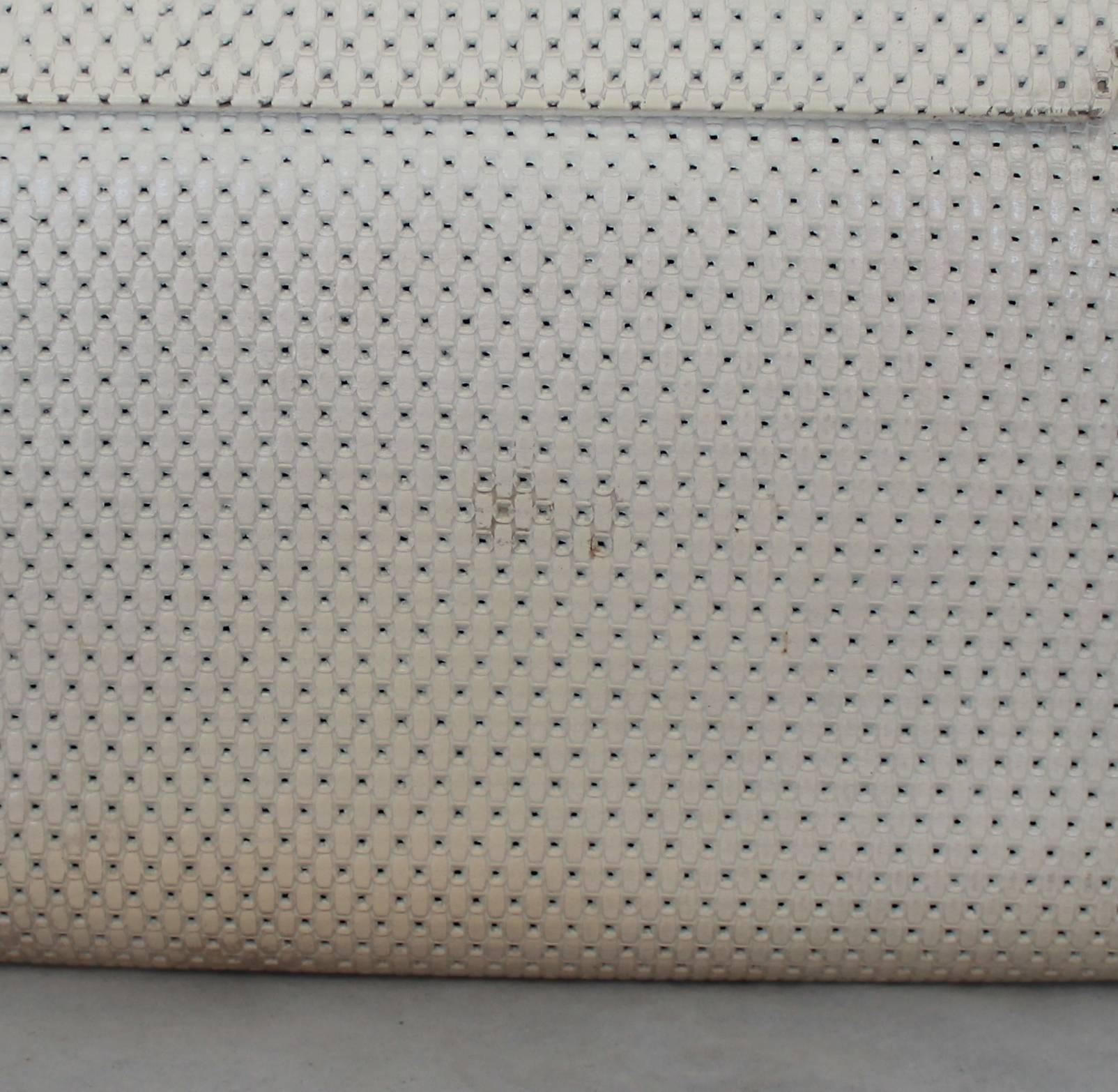 White Paris Jacomo Ivory Perforated Leather Clutch with Green Stone - circa 1980's 