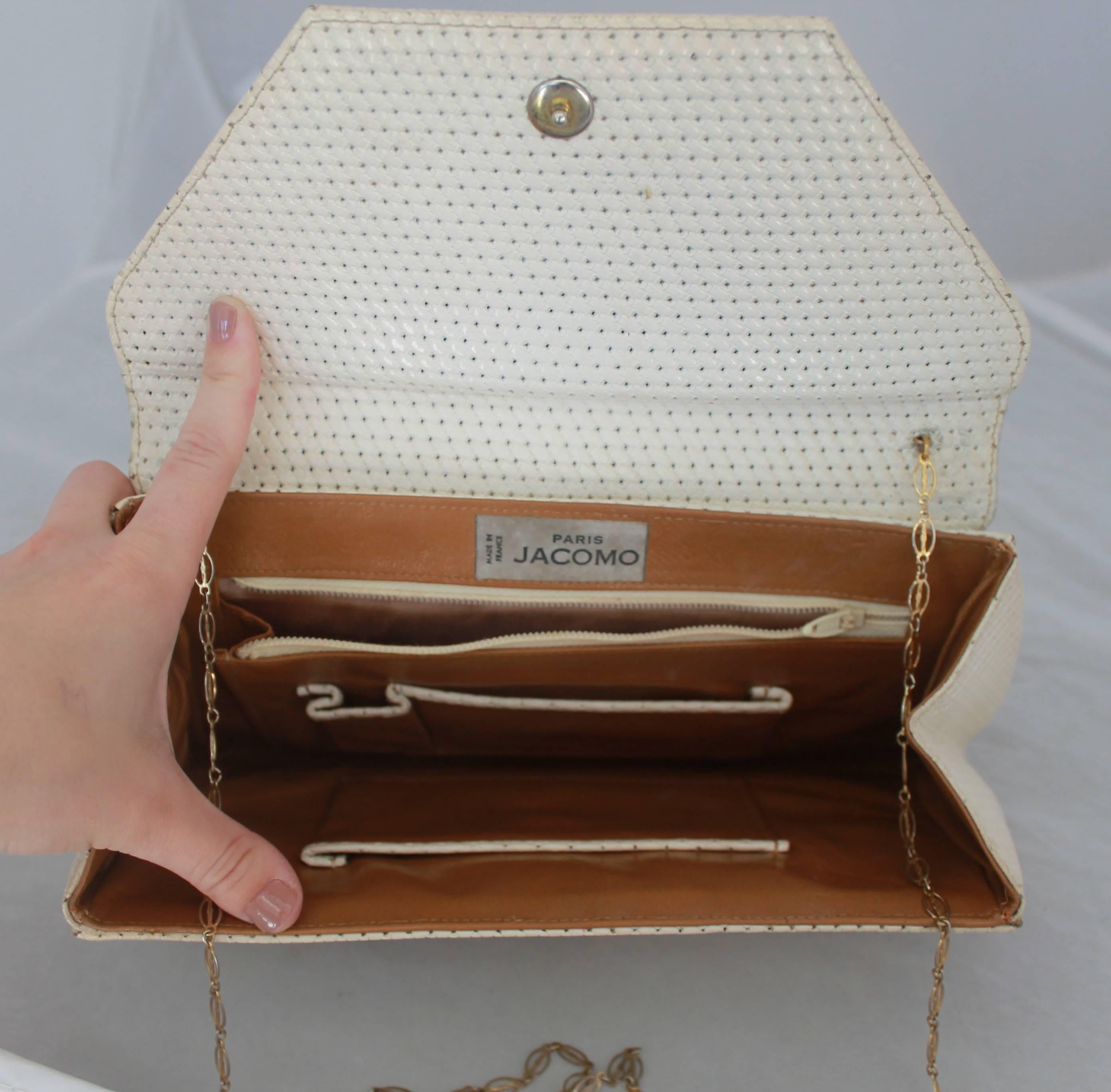 Women's or Men's Paris Jacomo Ivory Perforated Leather Clutch with Green Stone - circa 1980's 