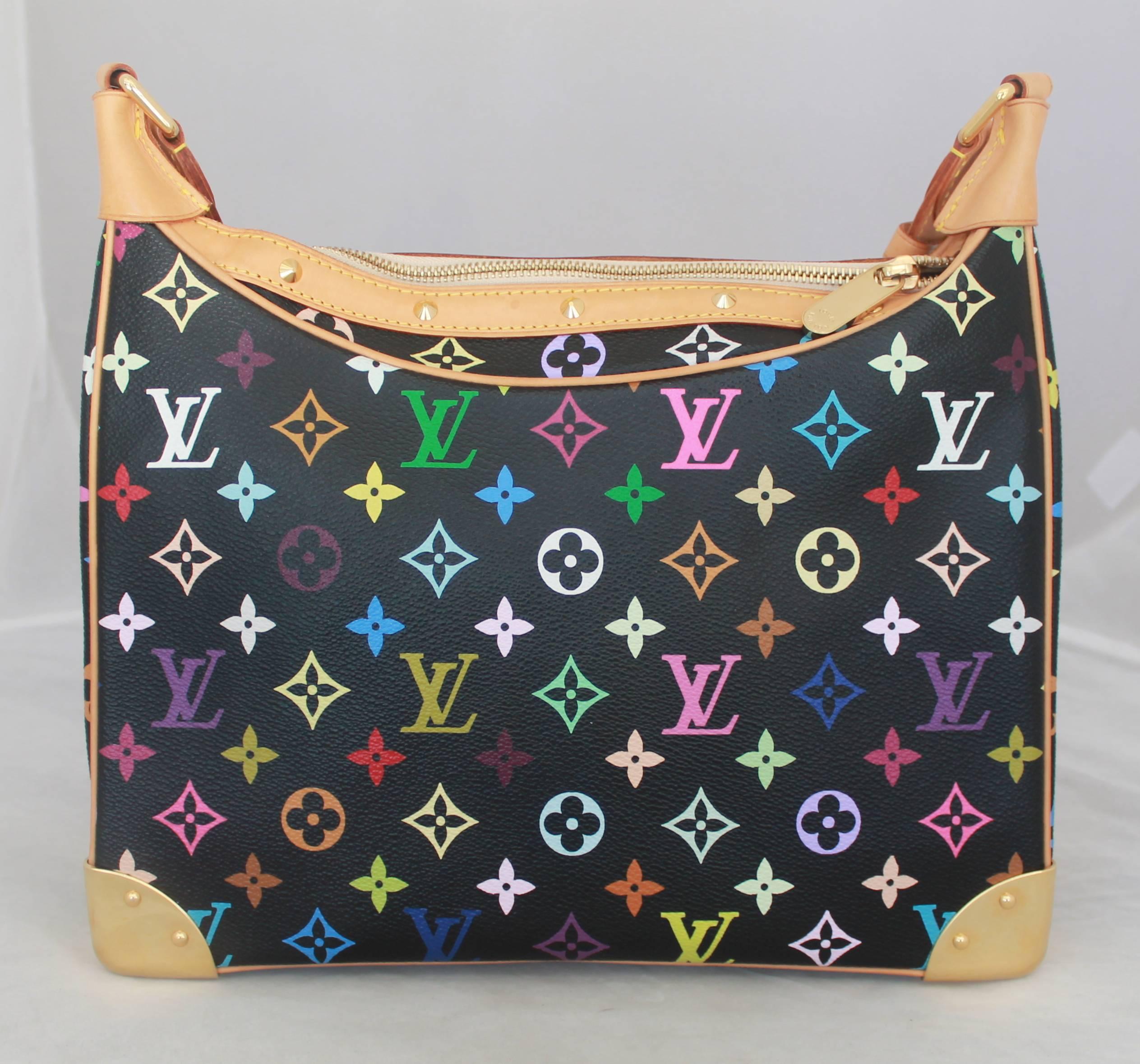Louis Vuitton Black Boulogne Multi Murakami Shoulder Bag - GHW - 2003. This black shoulder bag features a multi-colored monogram pattern, tan trim, a front small zipper, and feet (shown in image 3). It comes with a duster and is in excellent