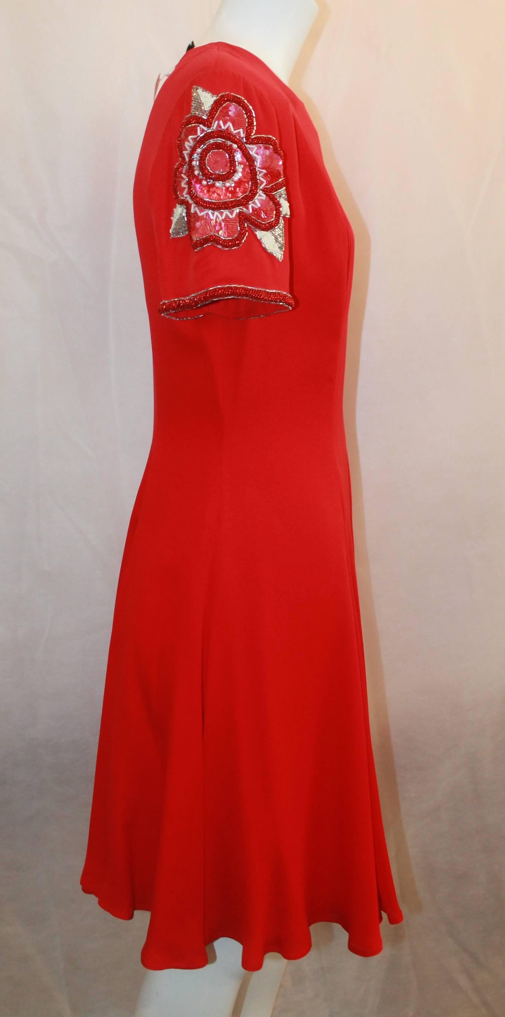 Women's Bob Mackie Red Silk Short Sleeve Dress with Floral Beading - 6