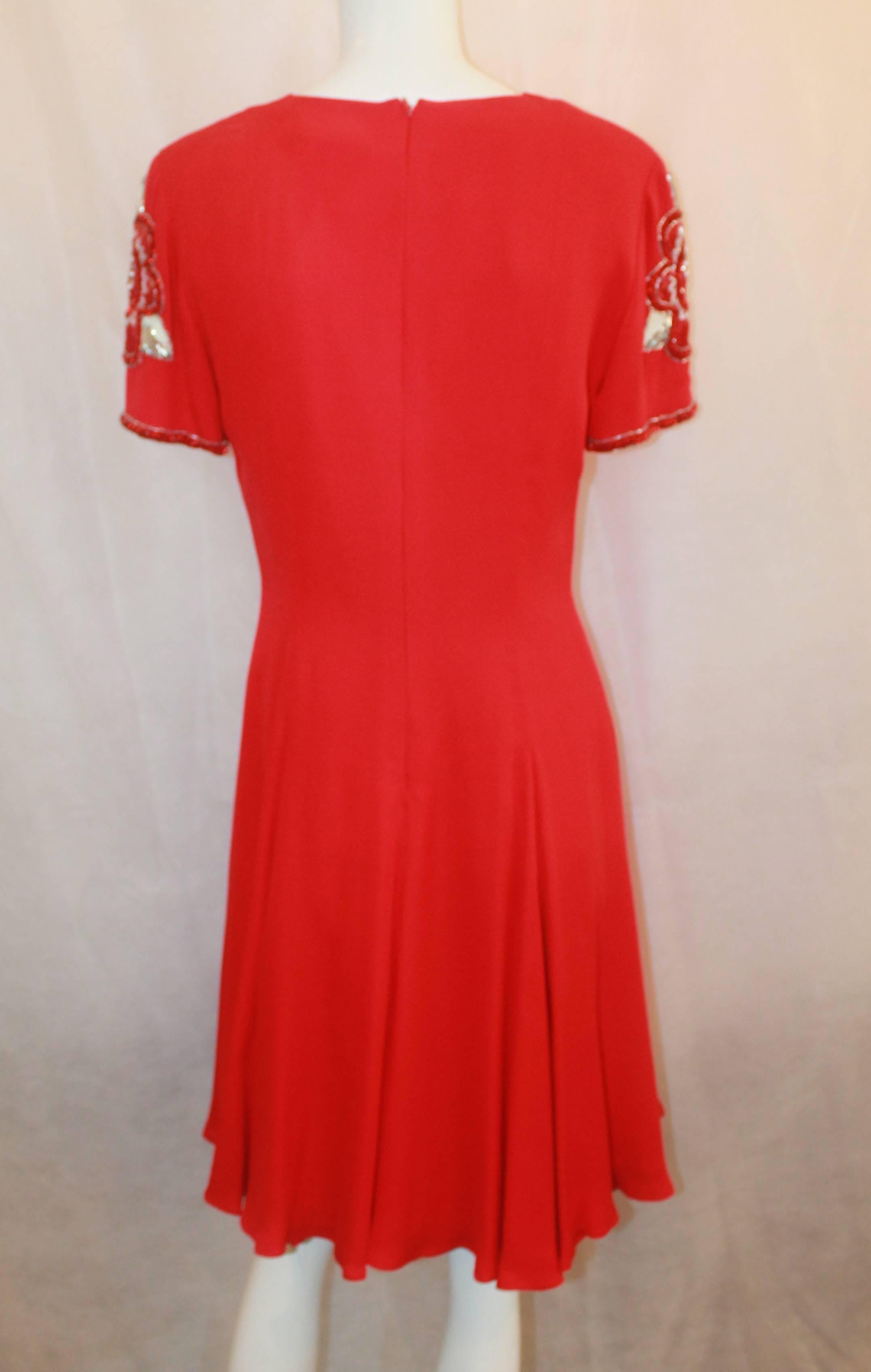 Bob Mackie Red Silk Short Sleeve Dress with Floral Beading - 6 1