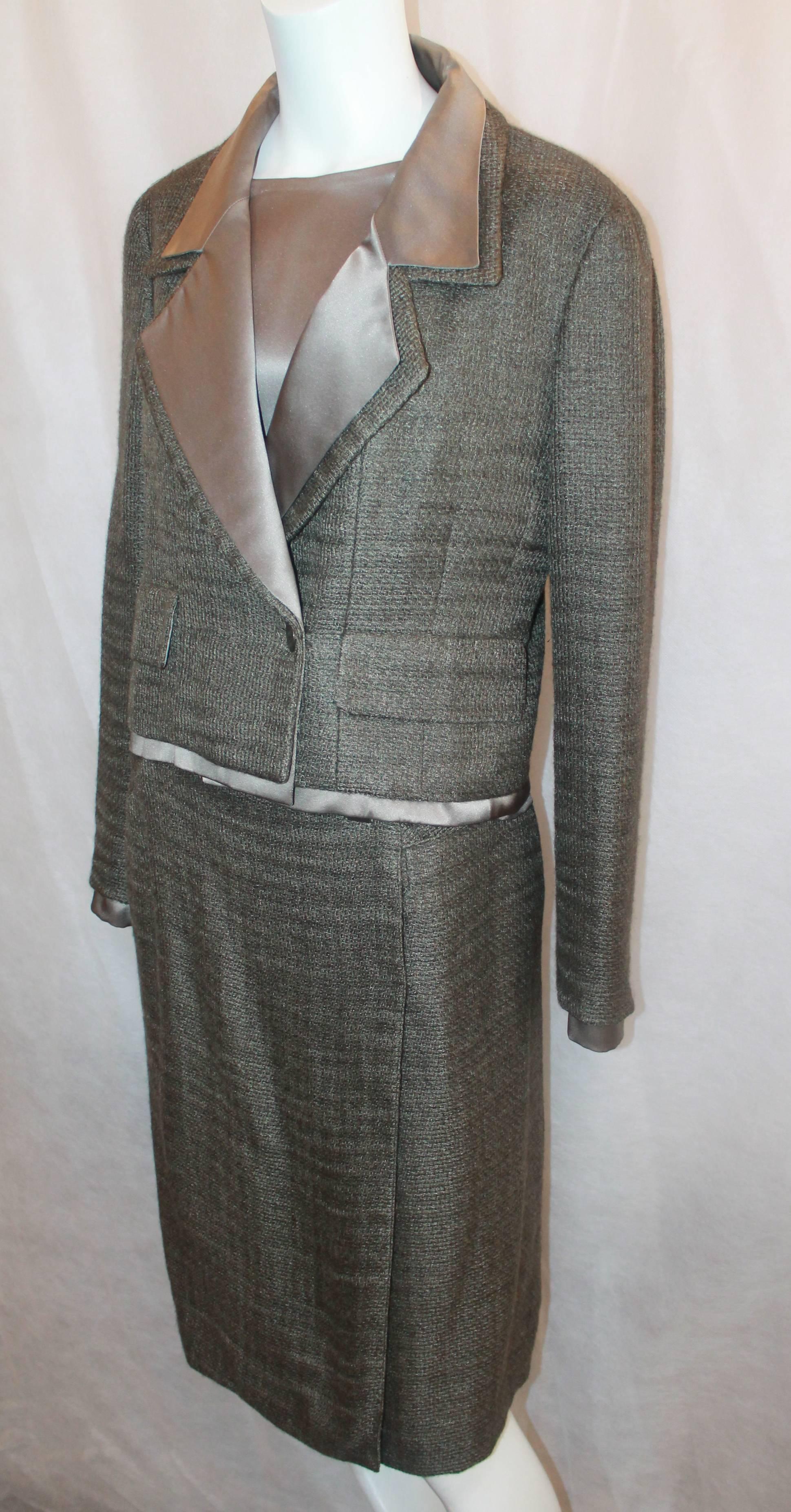 Gray Chanel Vintage Olive Silk & Mohair Blouse & Skirt Suit - 38 - 99A