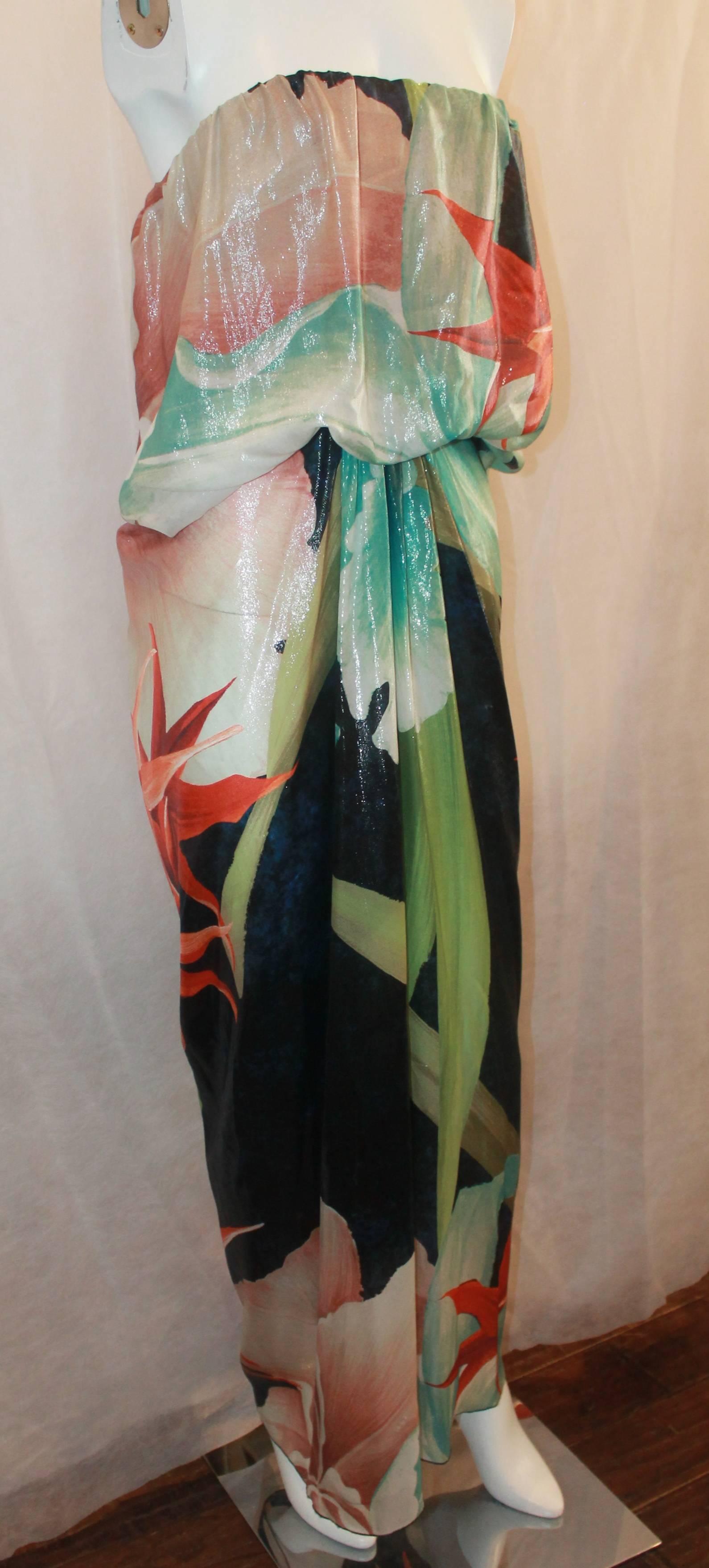 Lanvin Tropical Printed Ruched Strapless Maxi Dress - 34. This silk lame dress is in excellent condition with a neoprene lining on the top. It does not have a lining and has gatherings in the middle. The fabric cascades downward and looks very