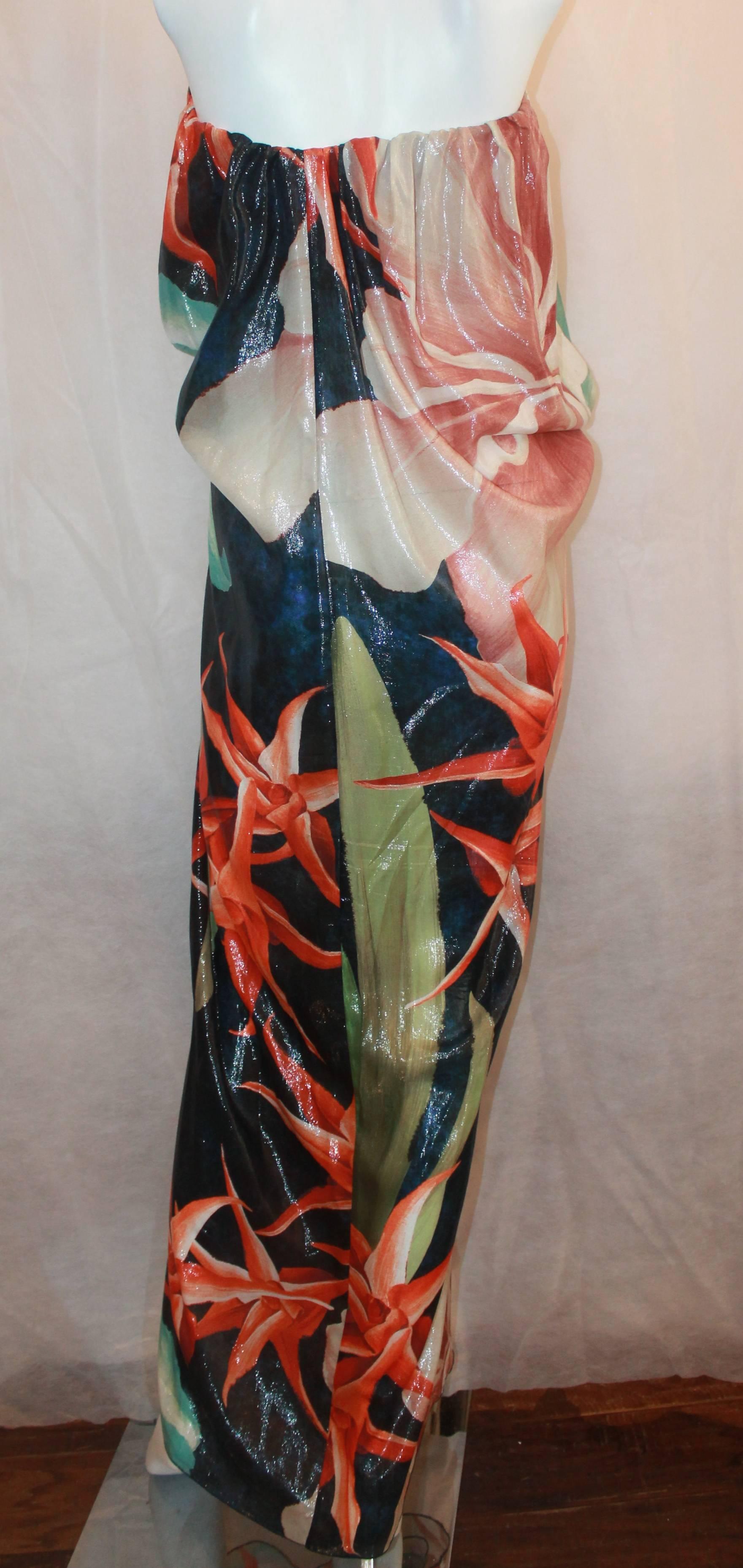 Gray Lanvin Tropical Printed Ruched Strapless Maxi Dress - 34