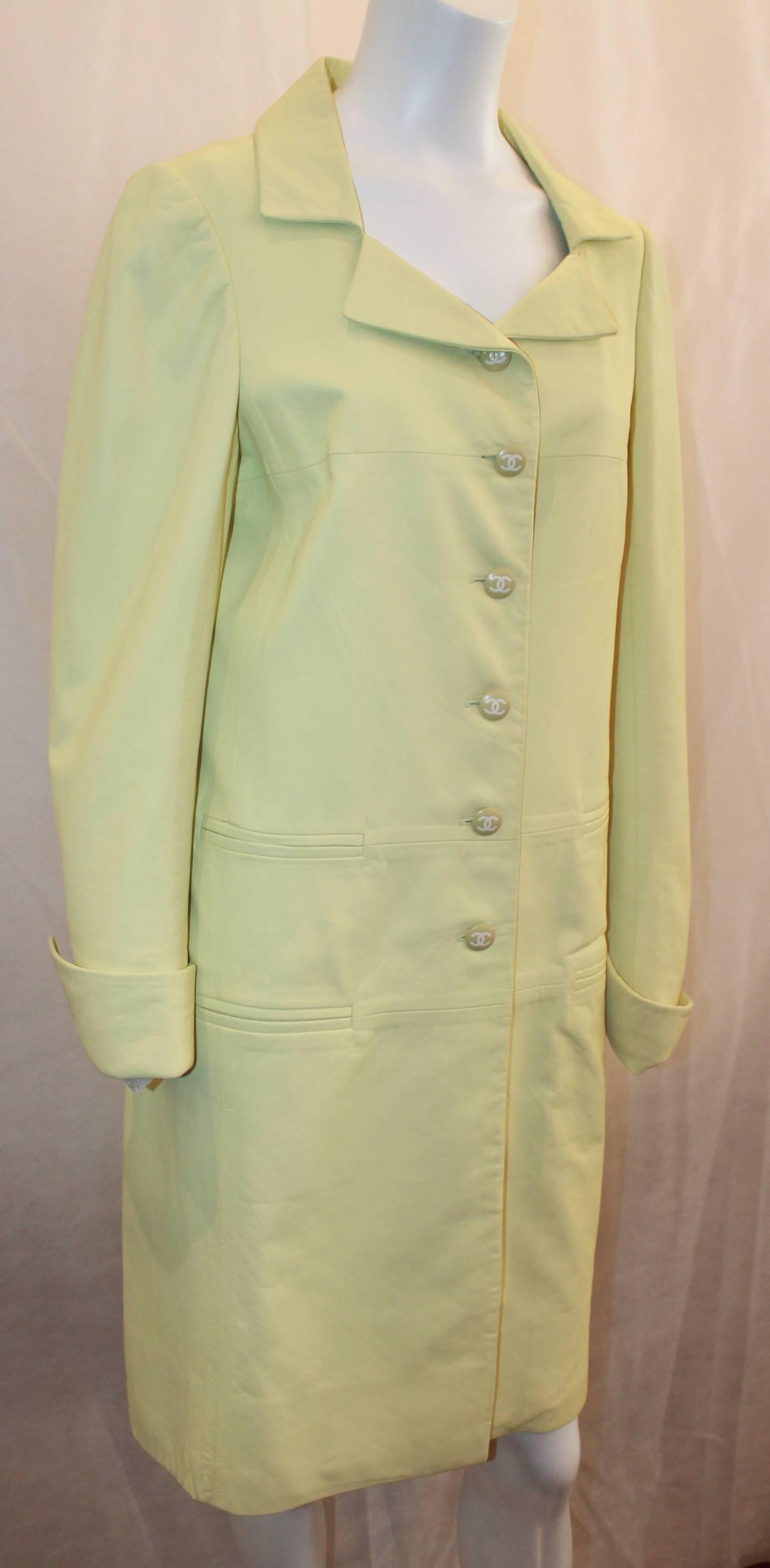 Chanel Chartreuse Lambskin 3/4 Coat - 40 - 04C. This beautiful 3/4 coat has 4 pocket slits, big 