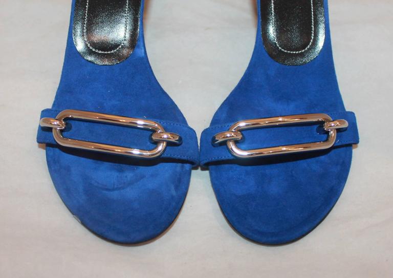Balenciaga Electric Blue Suede Heels with Ankle Strap and Silver Buckle ...