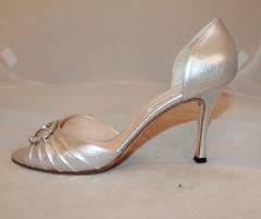 Manolo Blahnik Silver Metallic Leather Heels with Rhinestone Buckle - 41.5