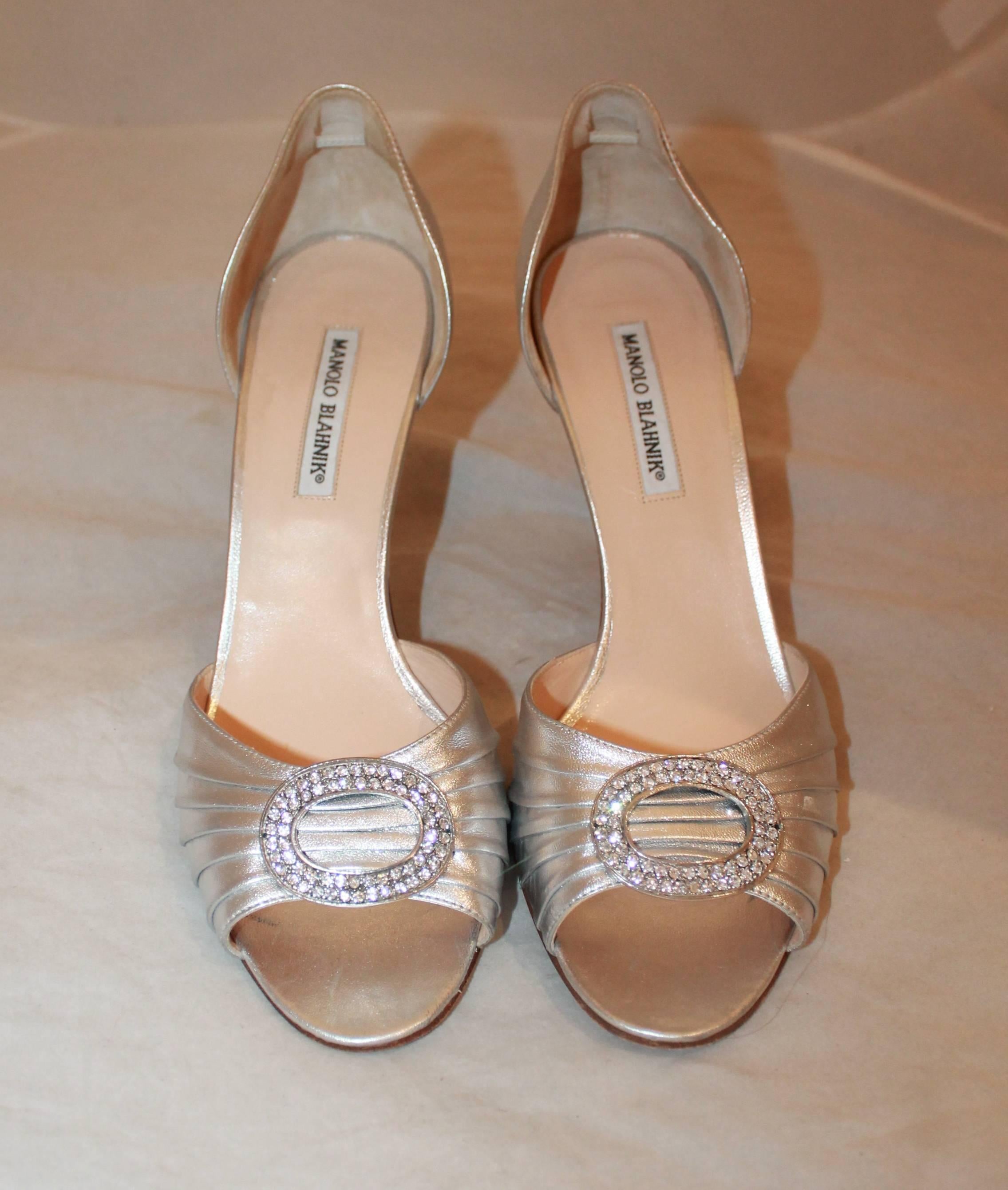 Brown Manolo Blahnik Silver Metallic Leather Heels with Rhinestone Buckle - 41.5