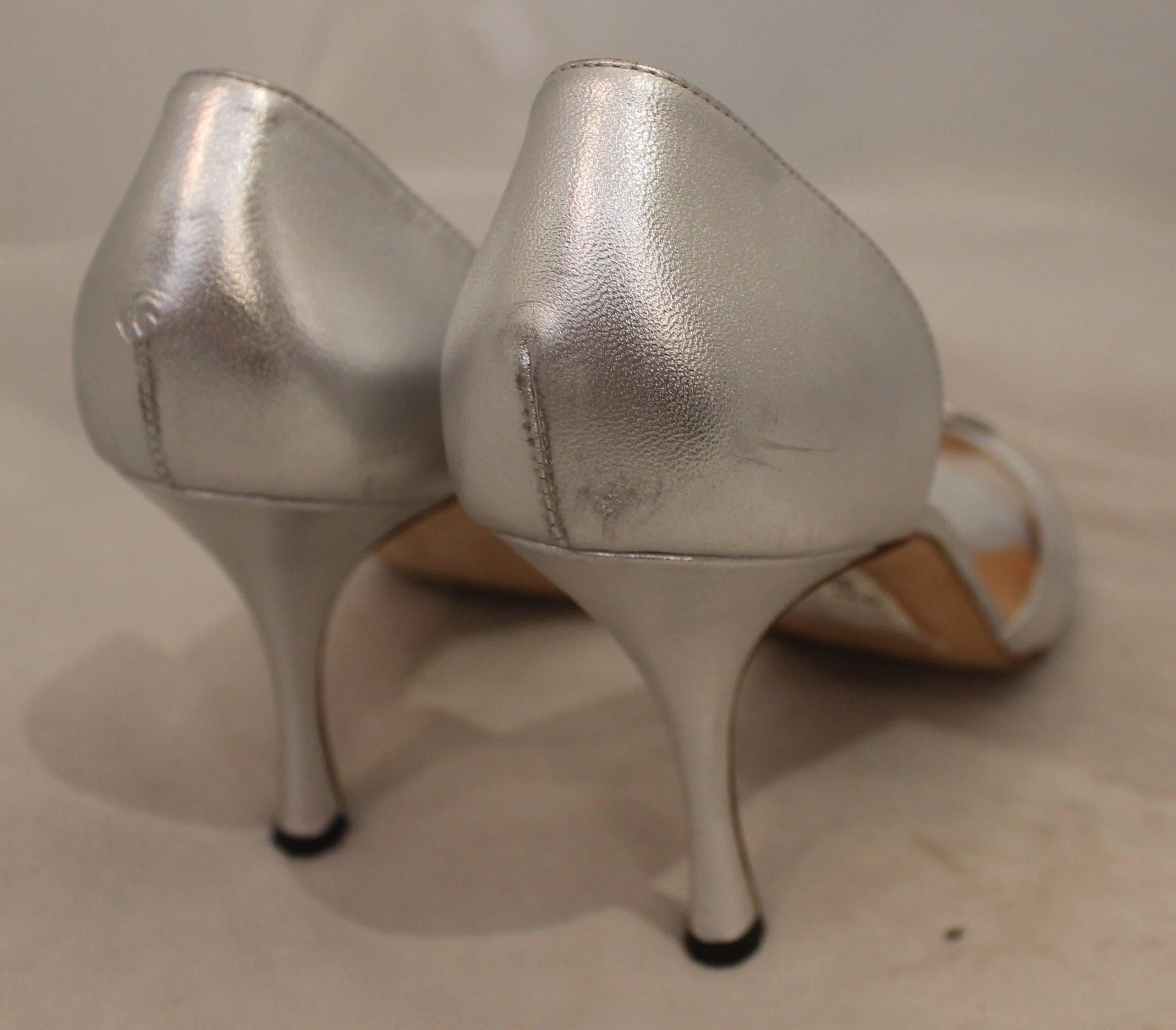 Women's Manolo Blahnik Silver Metallic Leather Heels with Rhinestone Buckle - 41.5
