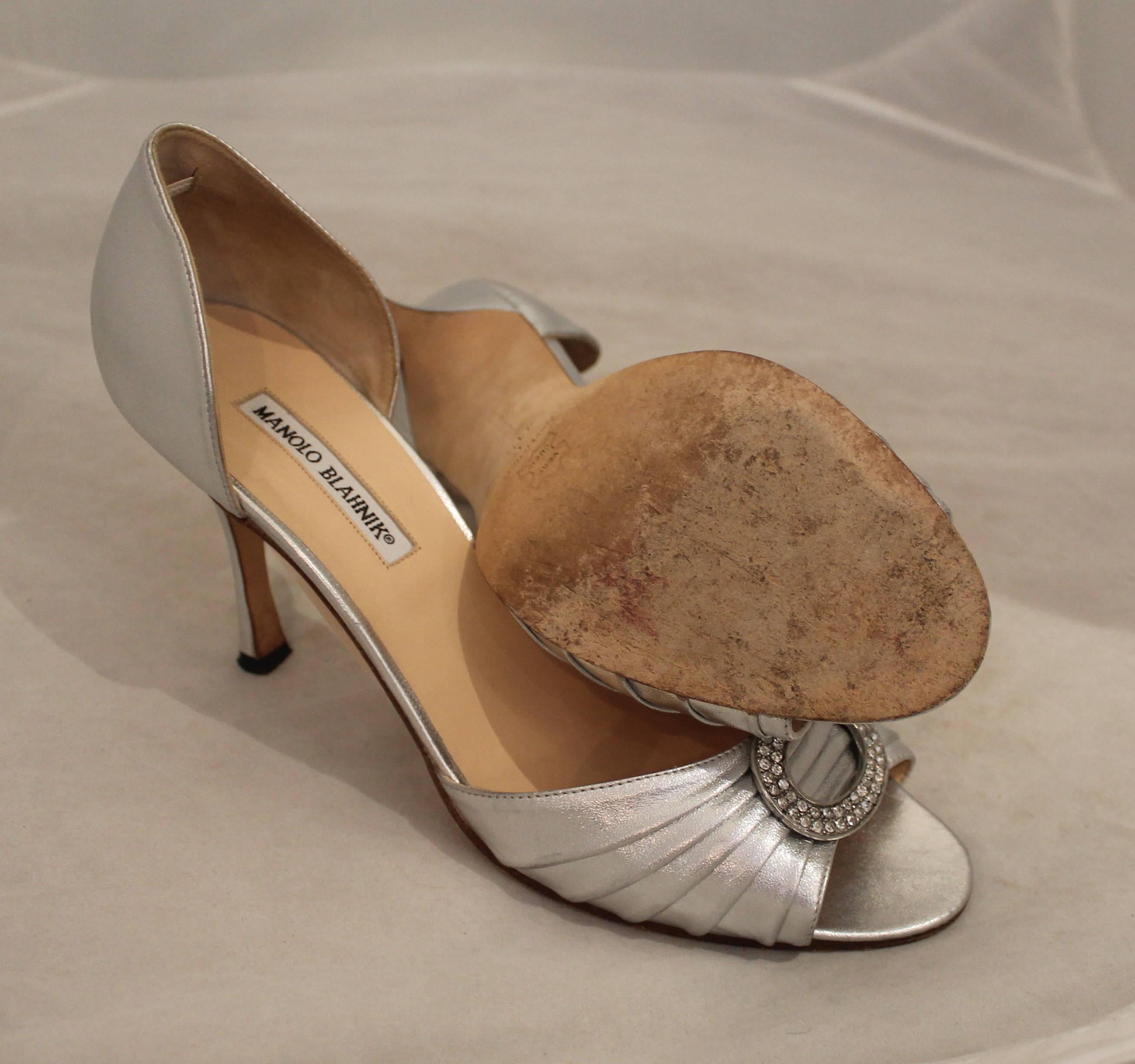 Manolo Blahnik Silver Metallic Leather Heels with Rhinestone Buckle - 41.5 1