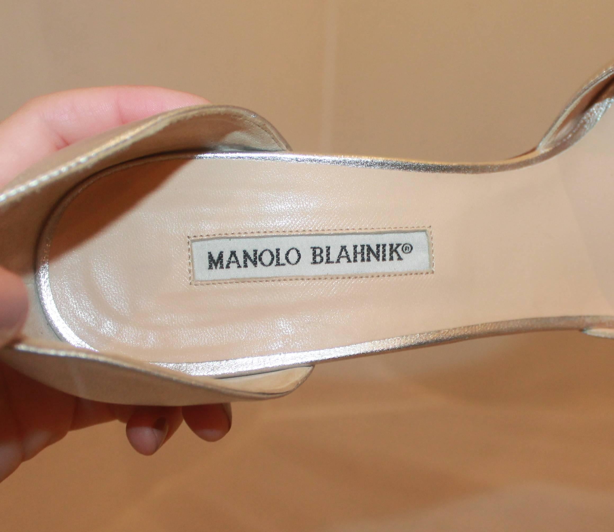Manolo Blahnik Silver Metallic Leather Heels with Rhinestone Buckle - 41.5 2