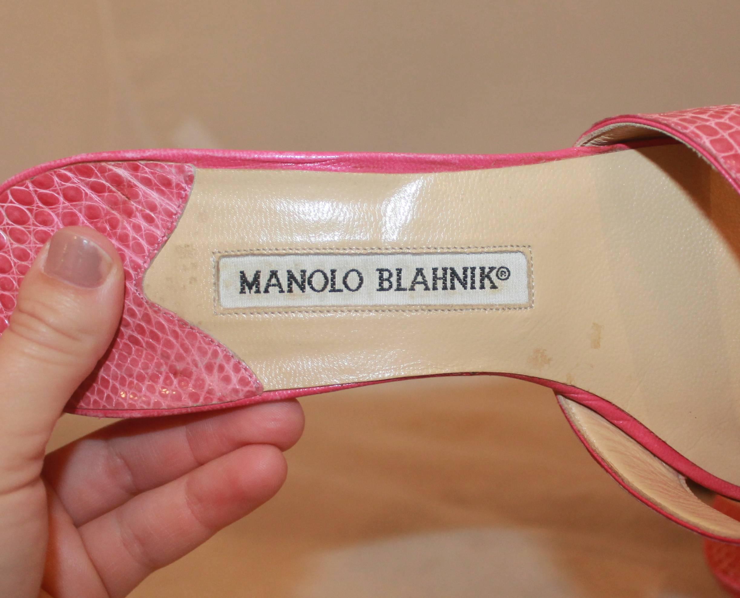 Women's Manolo Blahnik Pink Croc Crisscross Slide with Heel - 38.5