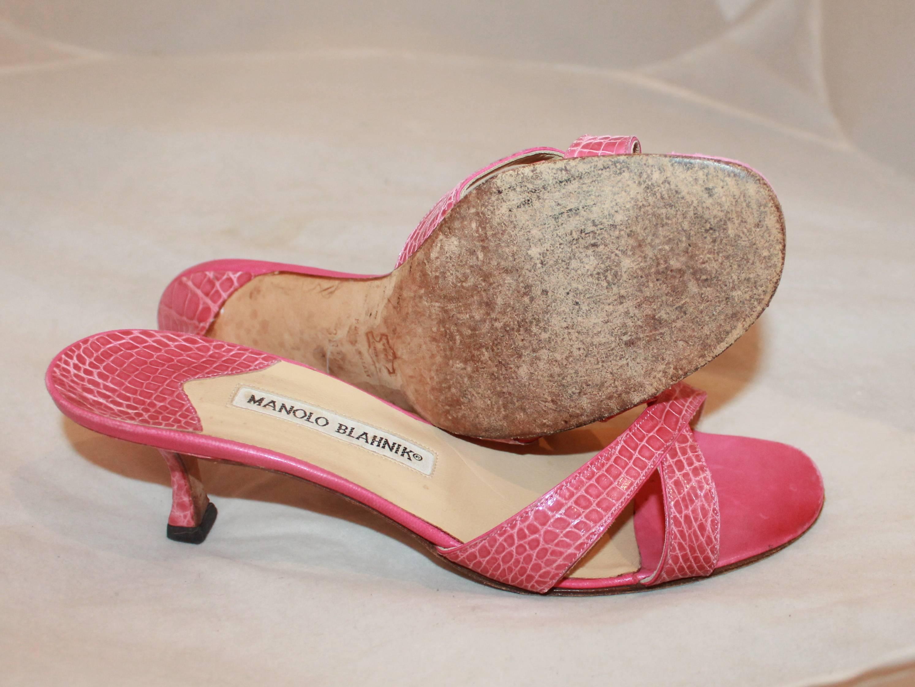 Manolo Blahnik Pink Croc Crisscross Slide with Heel - 38.5 1