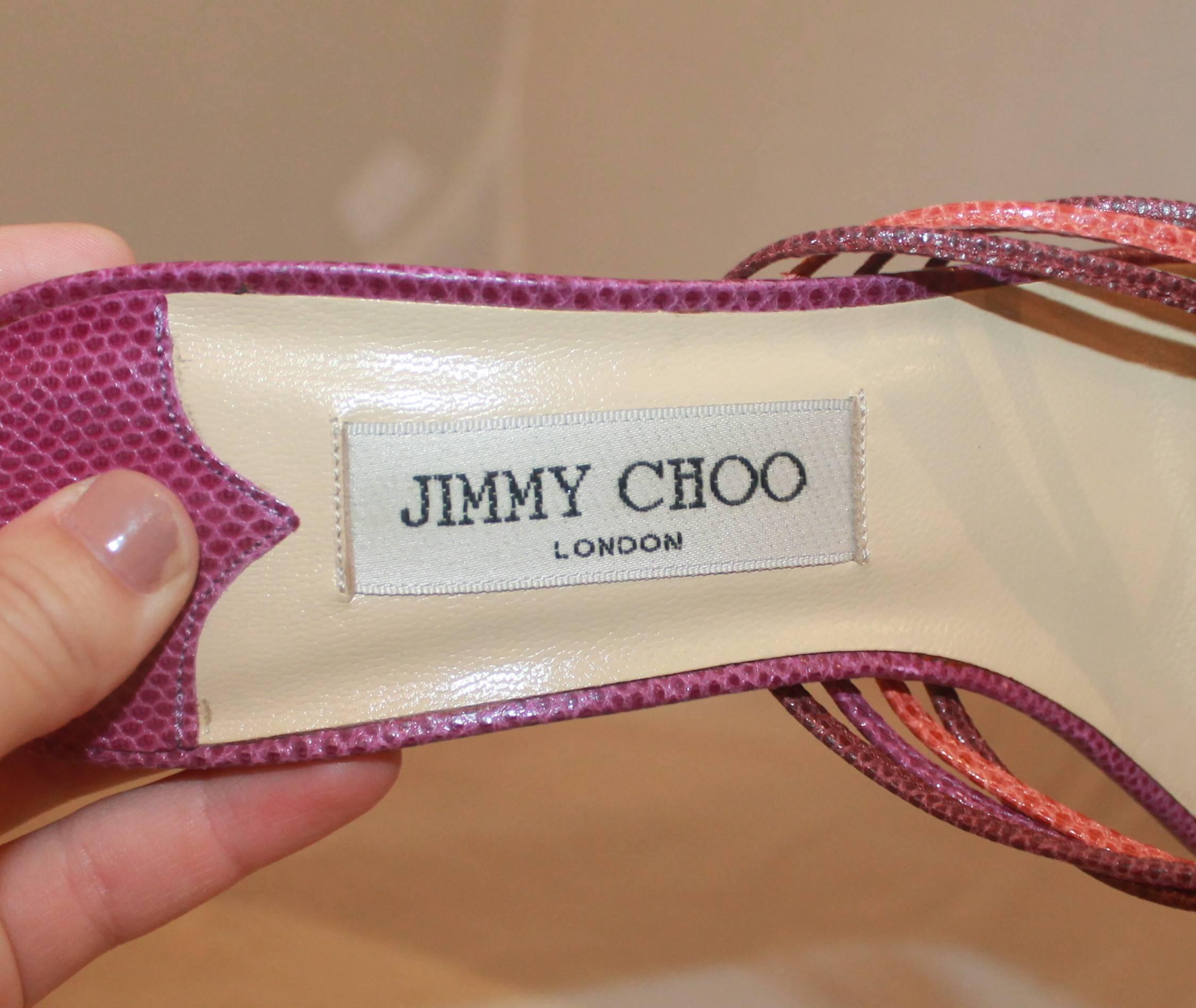 Jimmy Choo Gewebte Schuhe mit Slide Heels in Lila und Koralle aus Eidechse - 39 Damen im Angebot