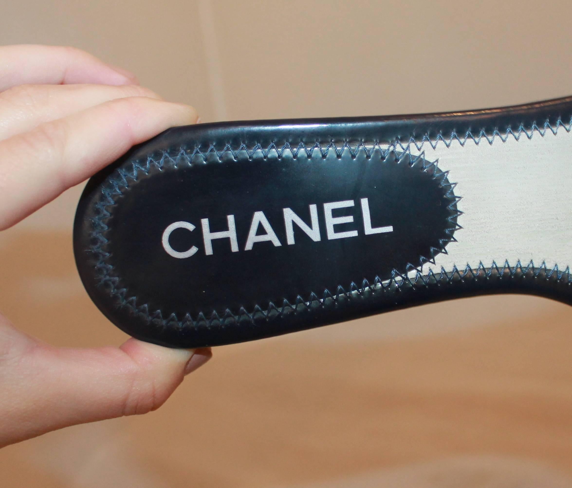Chanel Navy Patent Slides with Silver Textured 