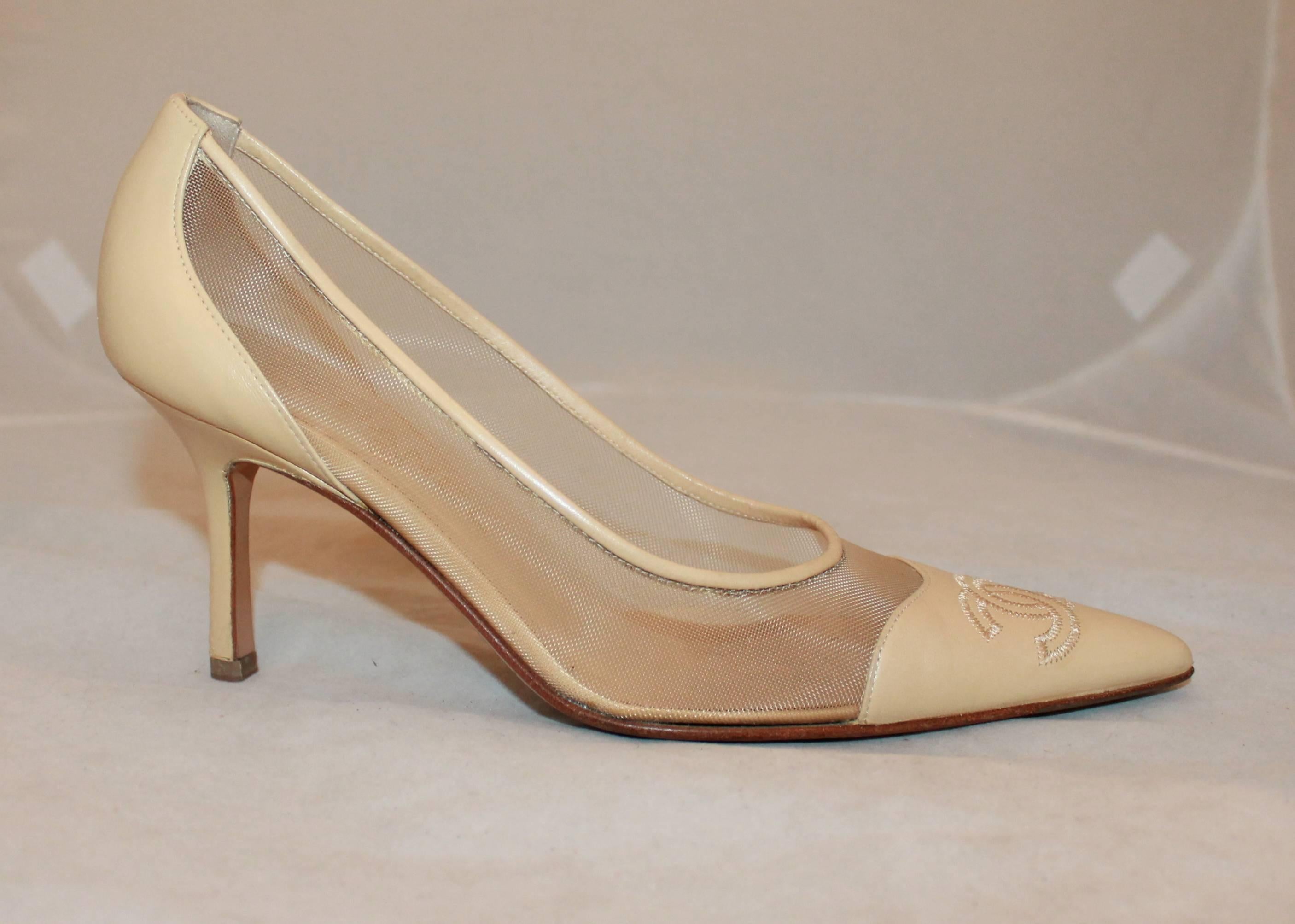 Chanel Beige Leather and Mesh Pumps with Mesh 
