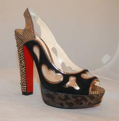 Louboutin Black & Gold Peep-toe "Miralap" Crystal Heel Slingbacks-37.5