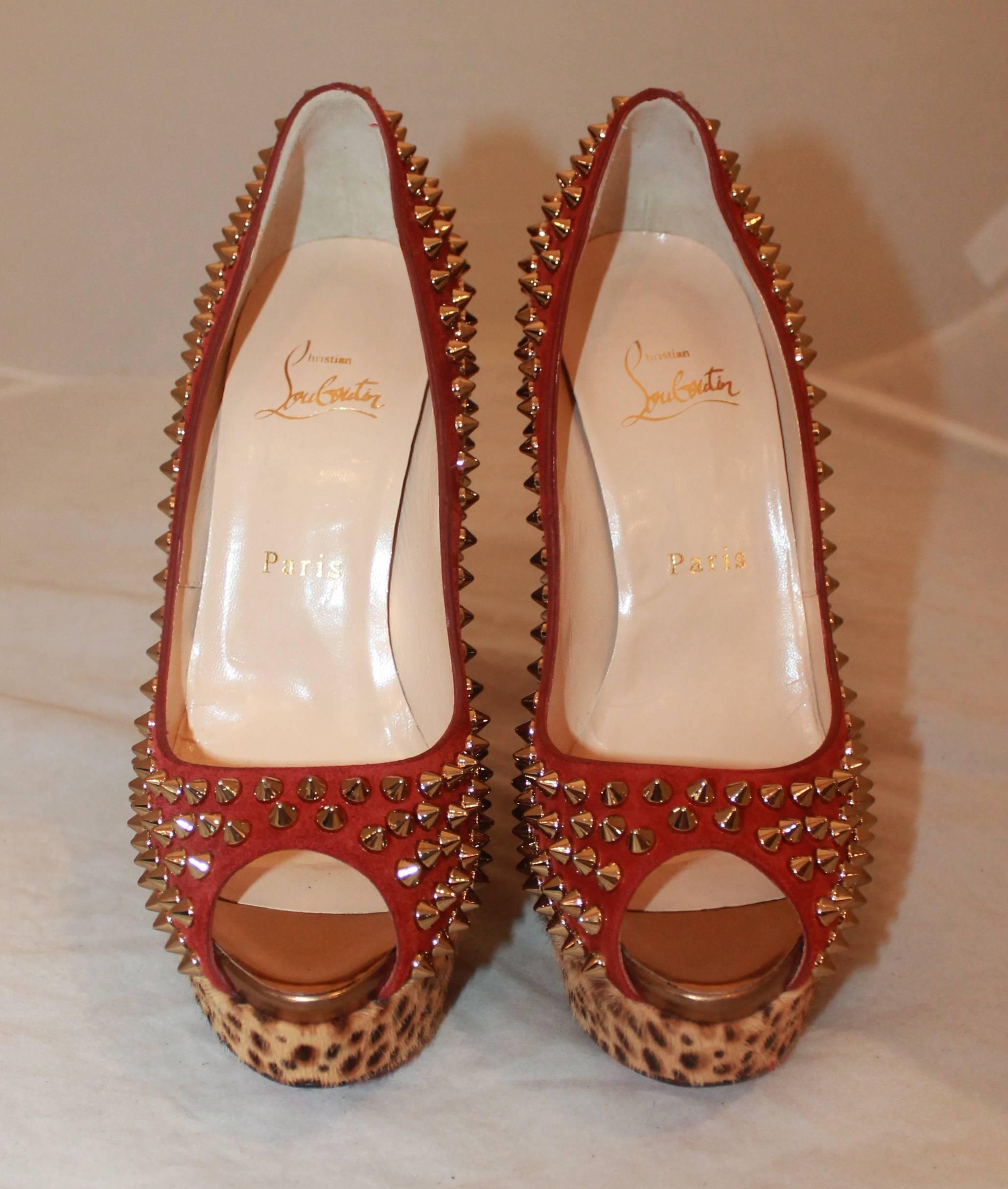 Brown Louboutin Red Suede Spike & Leopard Print Pony Hair Platform Heels - 38