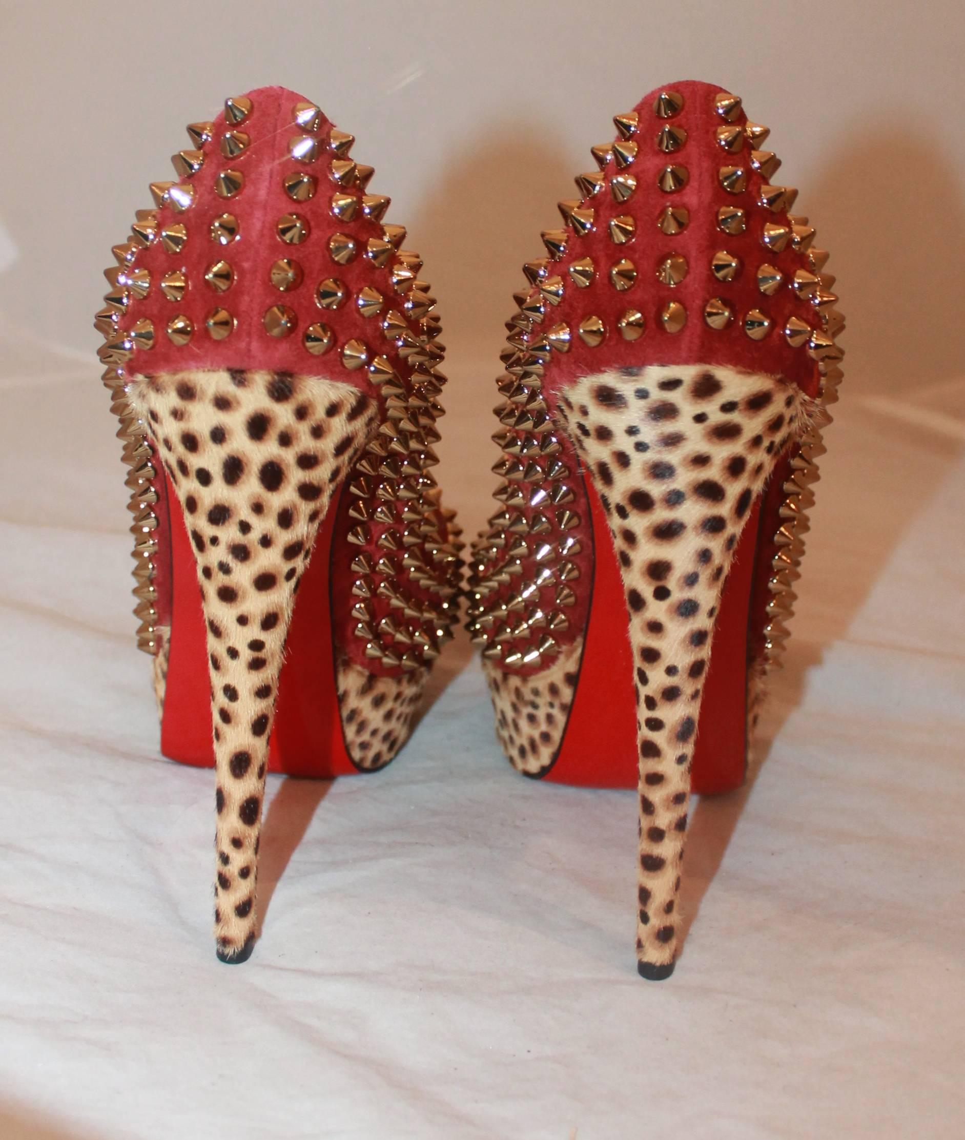 Louboutin Red Suede Spike & Leopard Print Pony Hair Platform Heels - 38 In Excellent Condition In West Palm Beach, FL