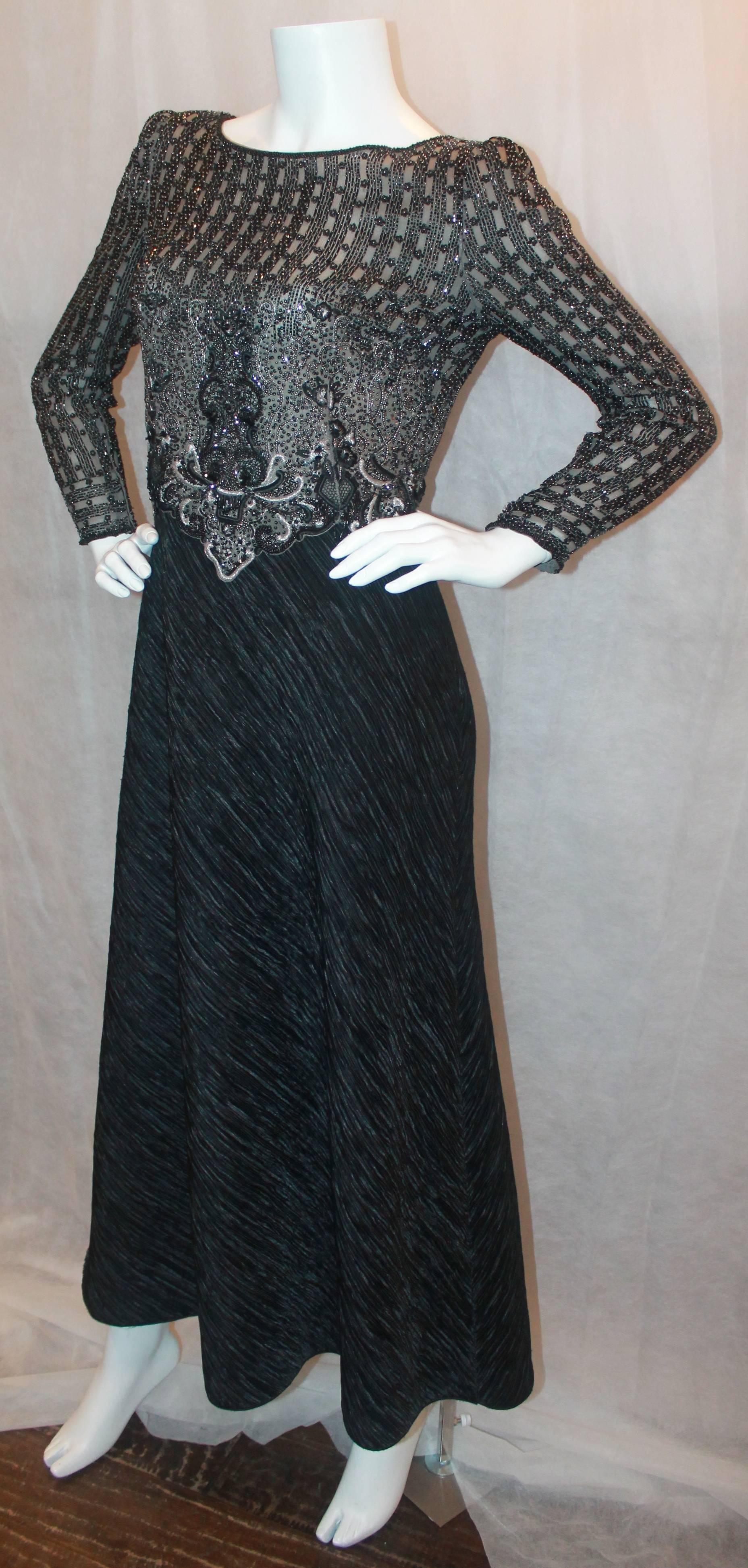 Mary McFadden Couture Black Silk Beaded & Embroidered Gown - 8 - 1980's. This gown is in excellent vintage condition with some beads missing toward the top/shoulders. The beautiful long sleeve gown has heavy beading and embroidery all over the