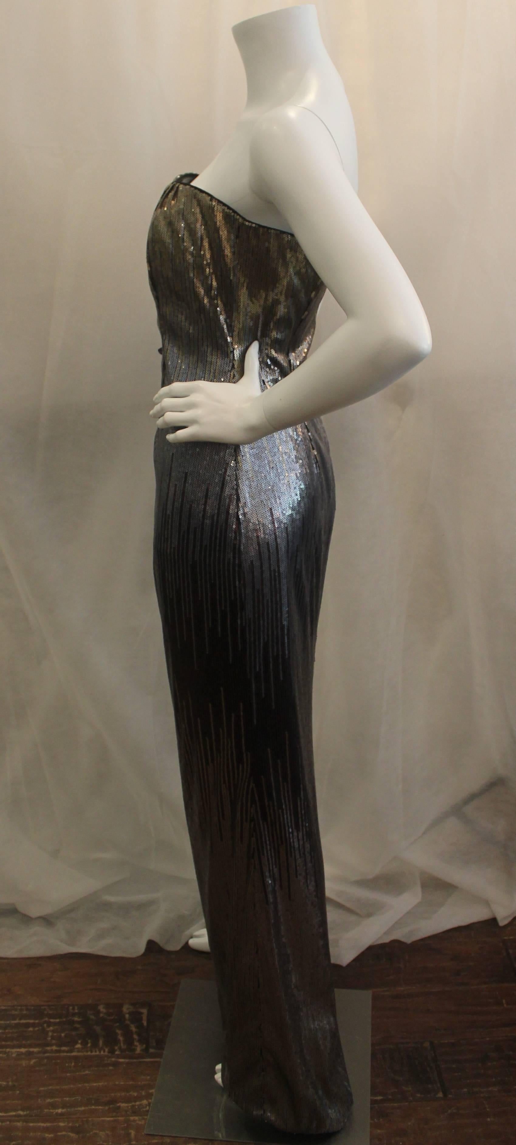 Black Badgley Mischka Metallic Sequin Strapless Gown with Flowers - 8