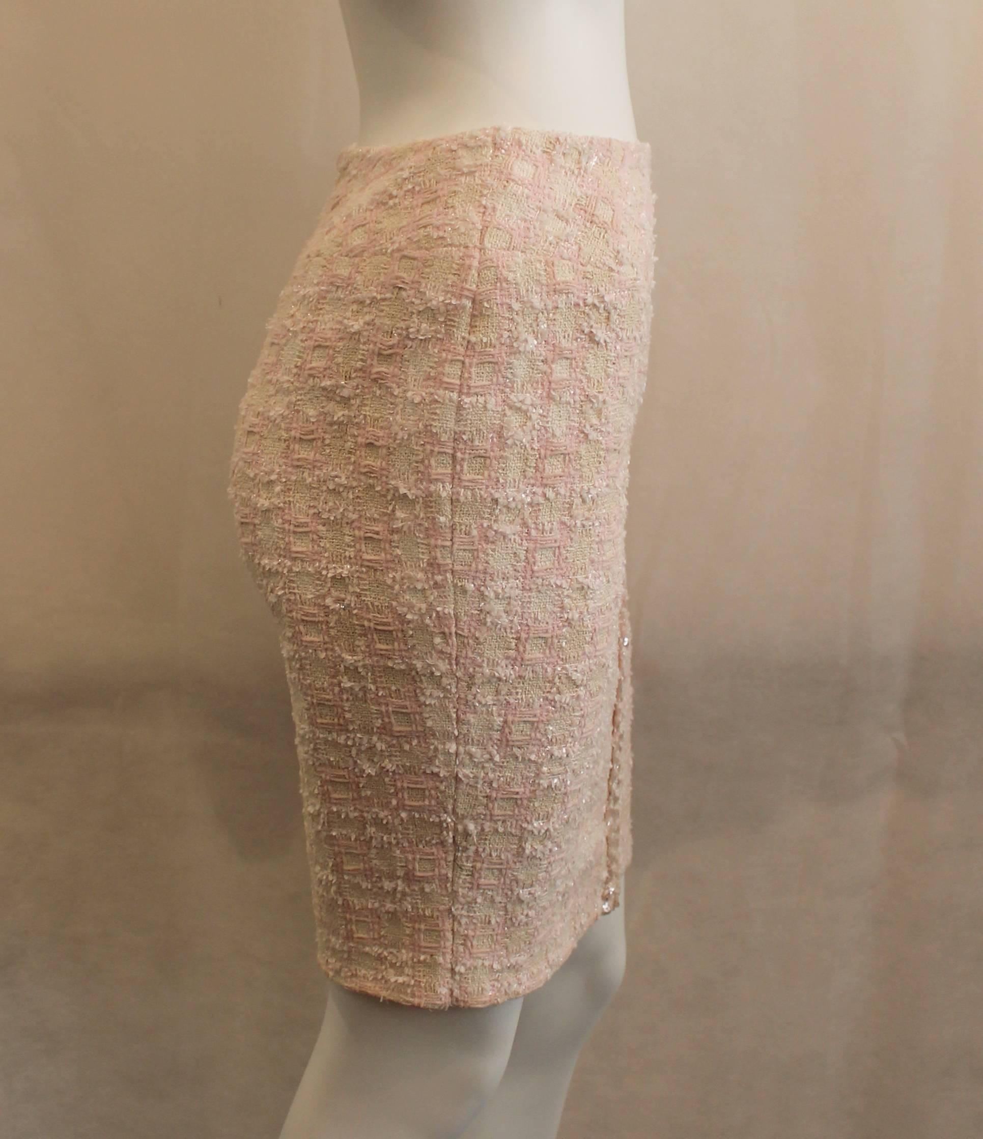 White Chanel Pink & Ivory Cotton Blend Tweed Skirt with Sequins - 38 