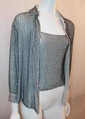 Oscar de la Renta Ivory & Navy Silk Chiffon Beaded Blouse & Tank Set - M
