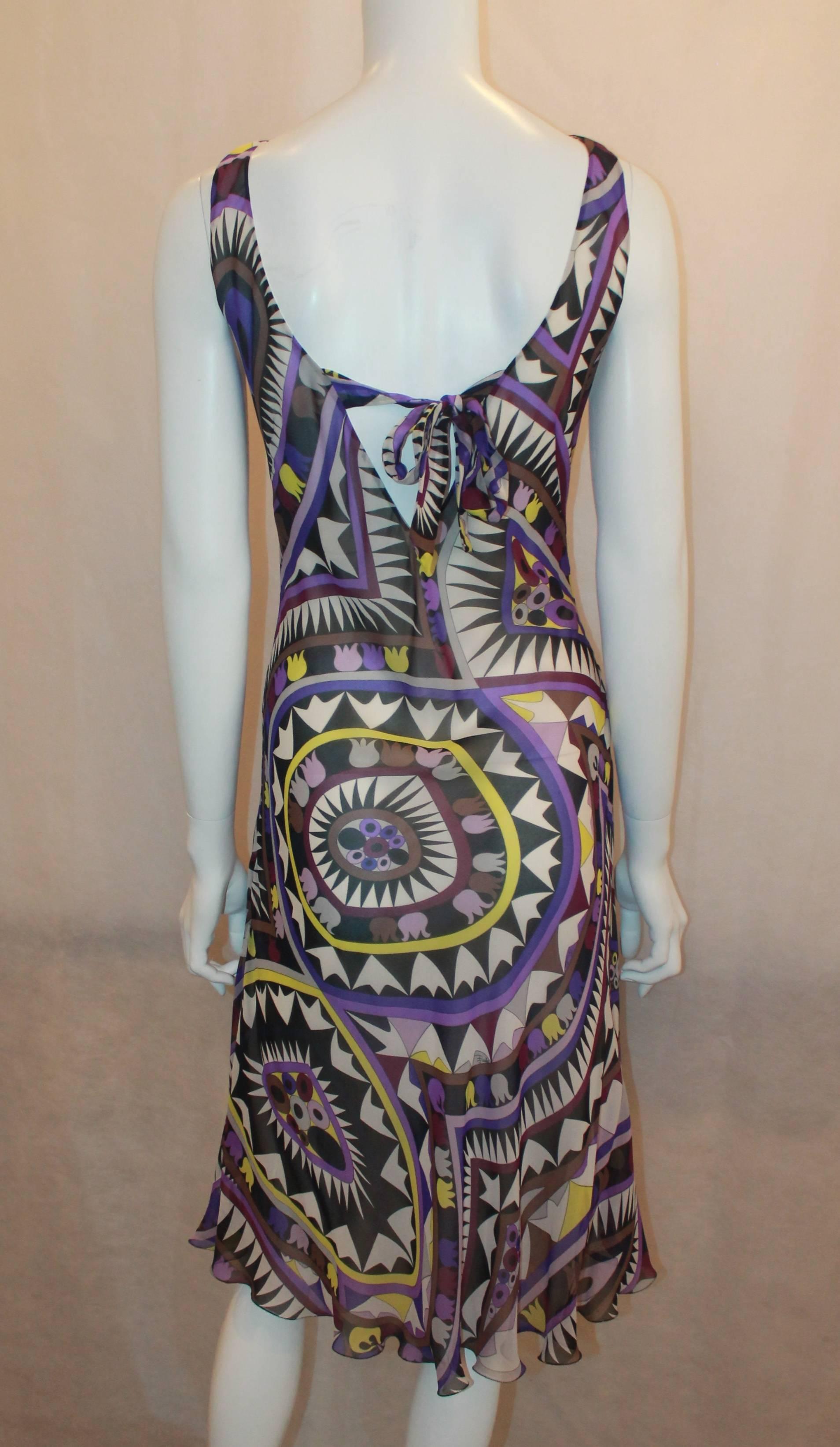 Emilio Pucci Purple & Lime Silk Chiffon Printed Sleeveless Dress - 8 In Excellent Condition In West Palm Beach, FL