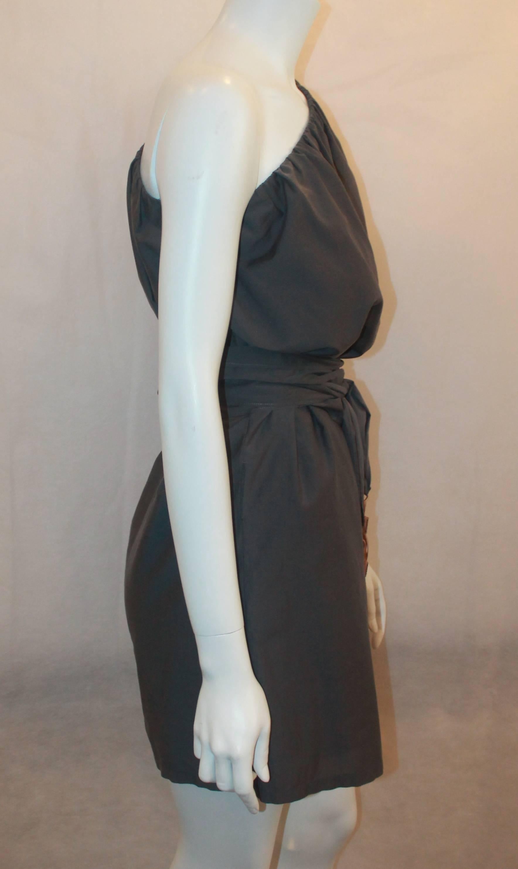 Brunello Cucinelli Grey Cotton One Shoulder Shift Dress with Belt - S In Excellent Condition In West Palm Beach, FL