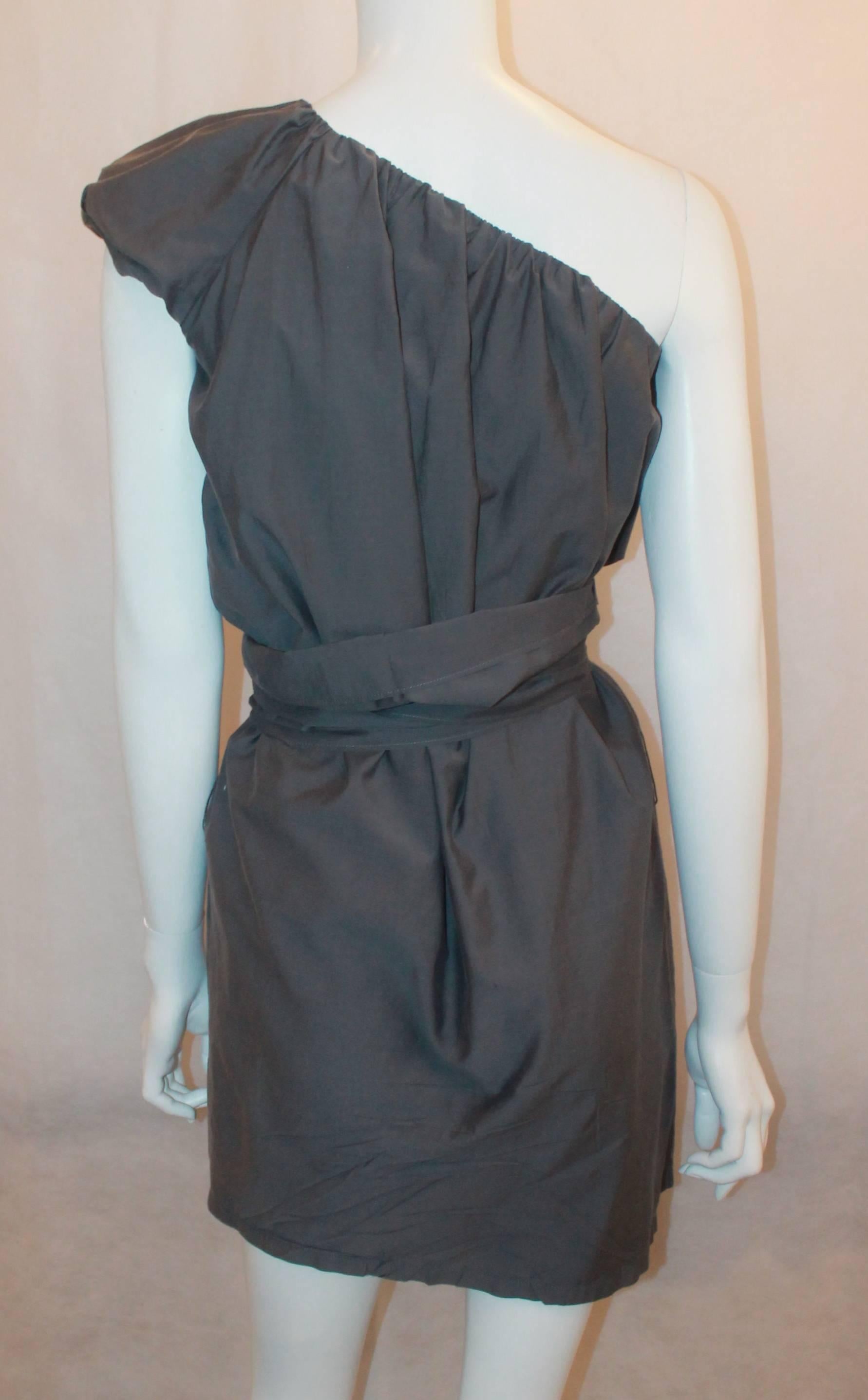 Women's Brunello Cucinelli Grey Cotton One Shoulder Shift Dress with Belt - S