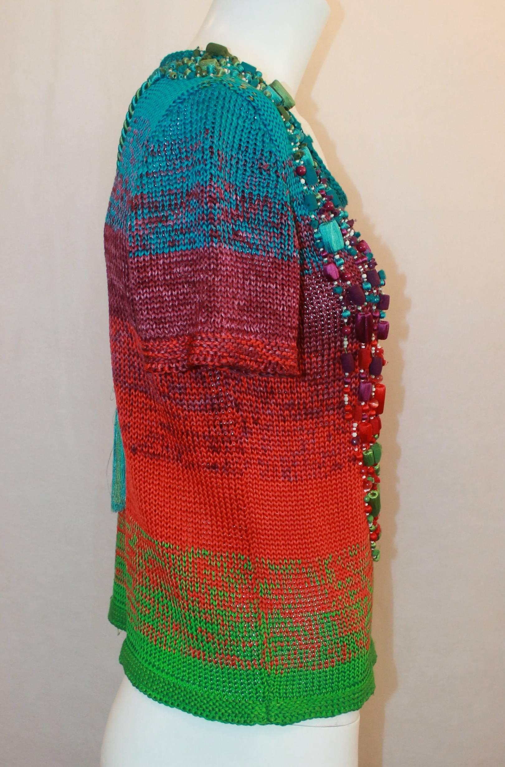 Black Oscar de la Renta Runway Resort 2009 Multi-color Silk Knit Beaded Top - S For Sale