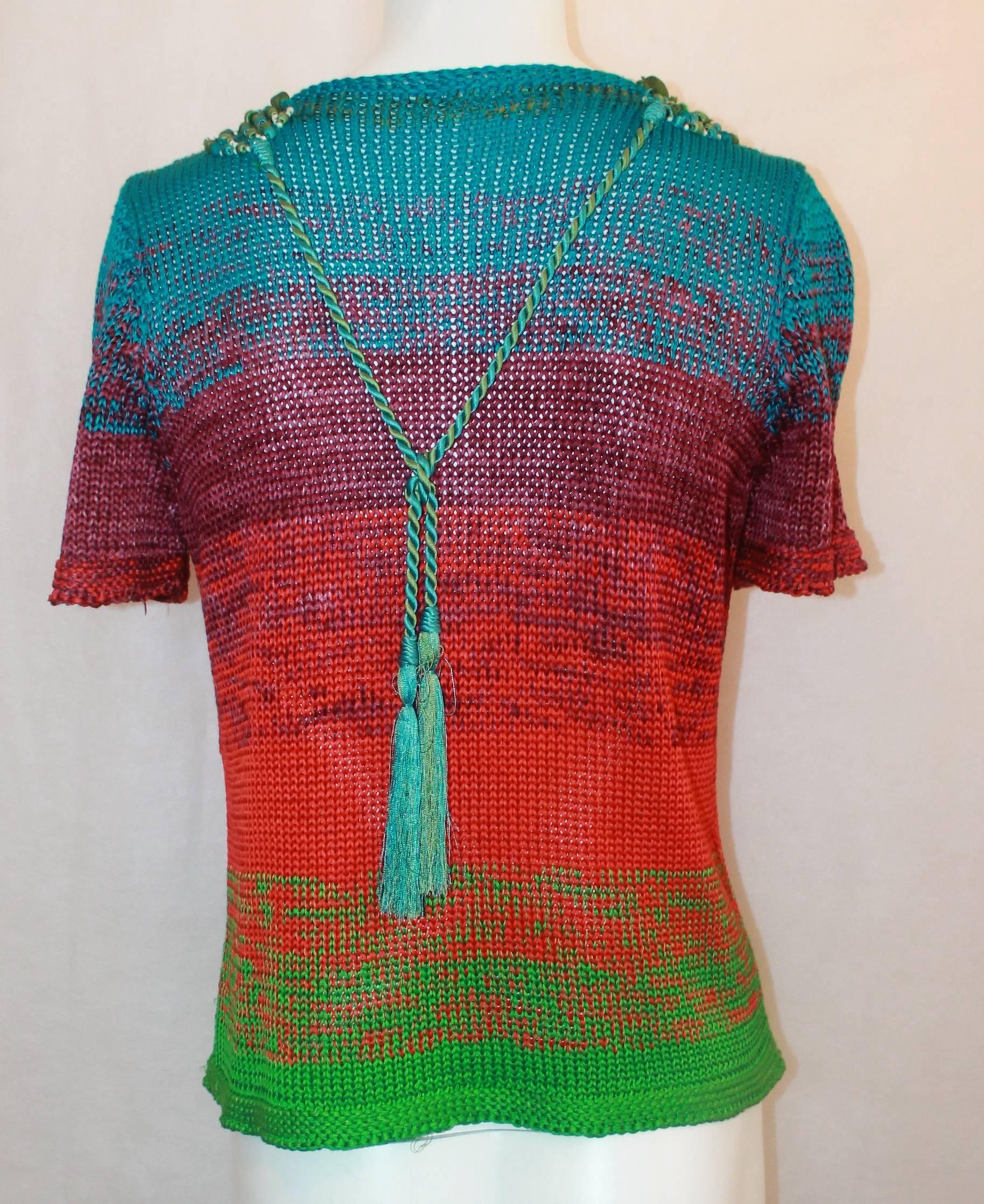 Oscar de la Renta Runway Resort 2009 Multi-color Silk Knit Beaded Top - S In Good Condition For Sale In West Palm Beach, FL
