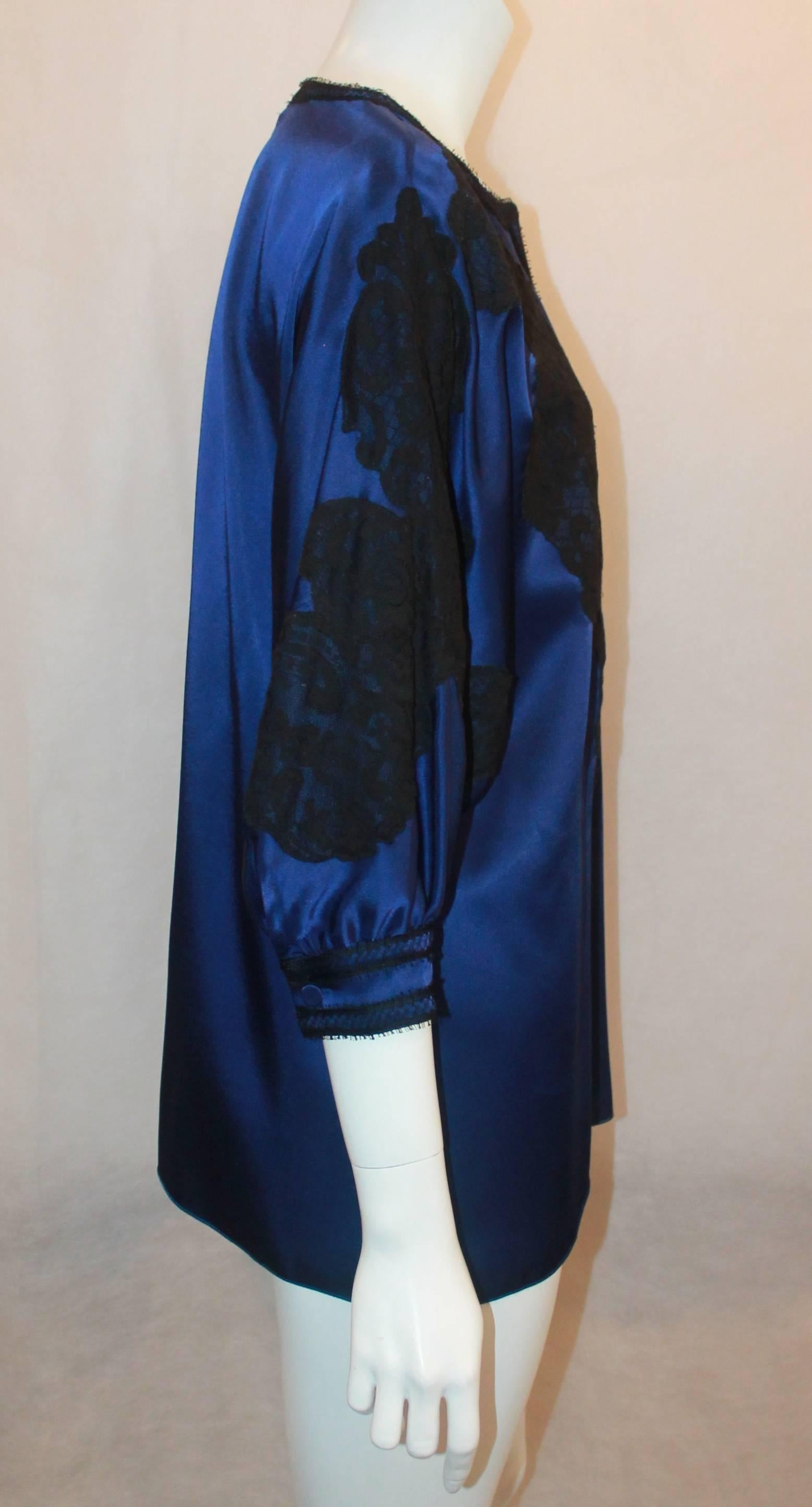 Women's Andrew GN Blue & Black Silk Tunic Top with Lace Detail - 40