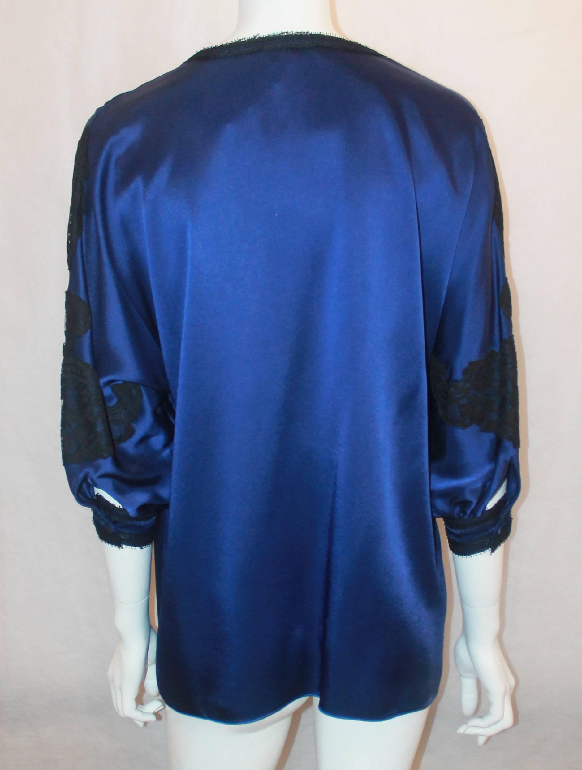 Andrew GN Blue & Black Silk Tunic Top with Lace Detail - 40 1