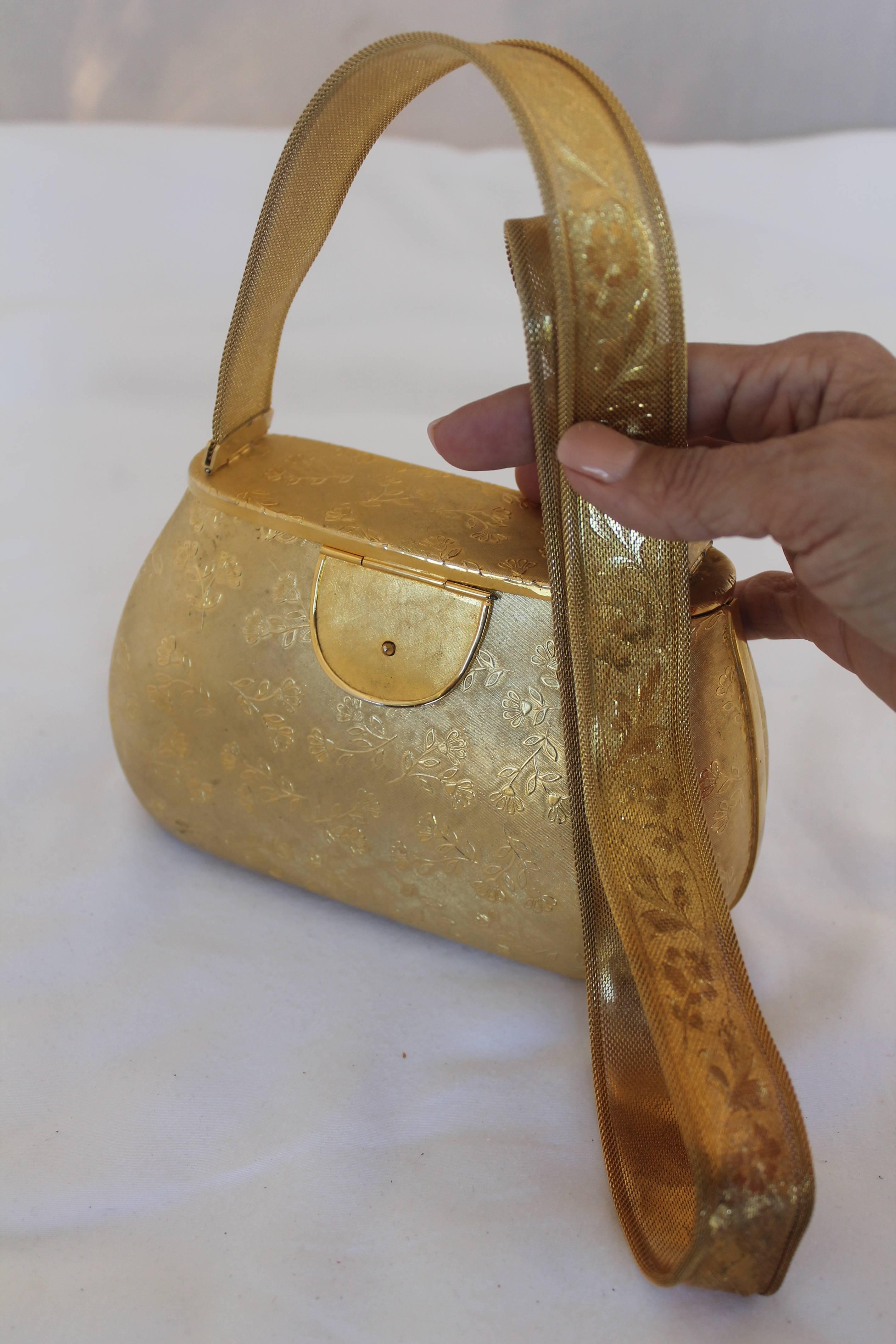 Women's or Men's Rosenfeld Gold Fully Etched Metal Shoulder Bag with Mesh Strap - circa 1960's 