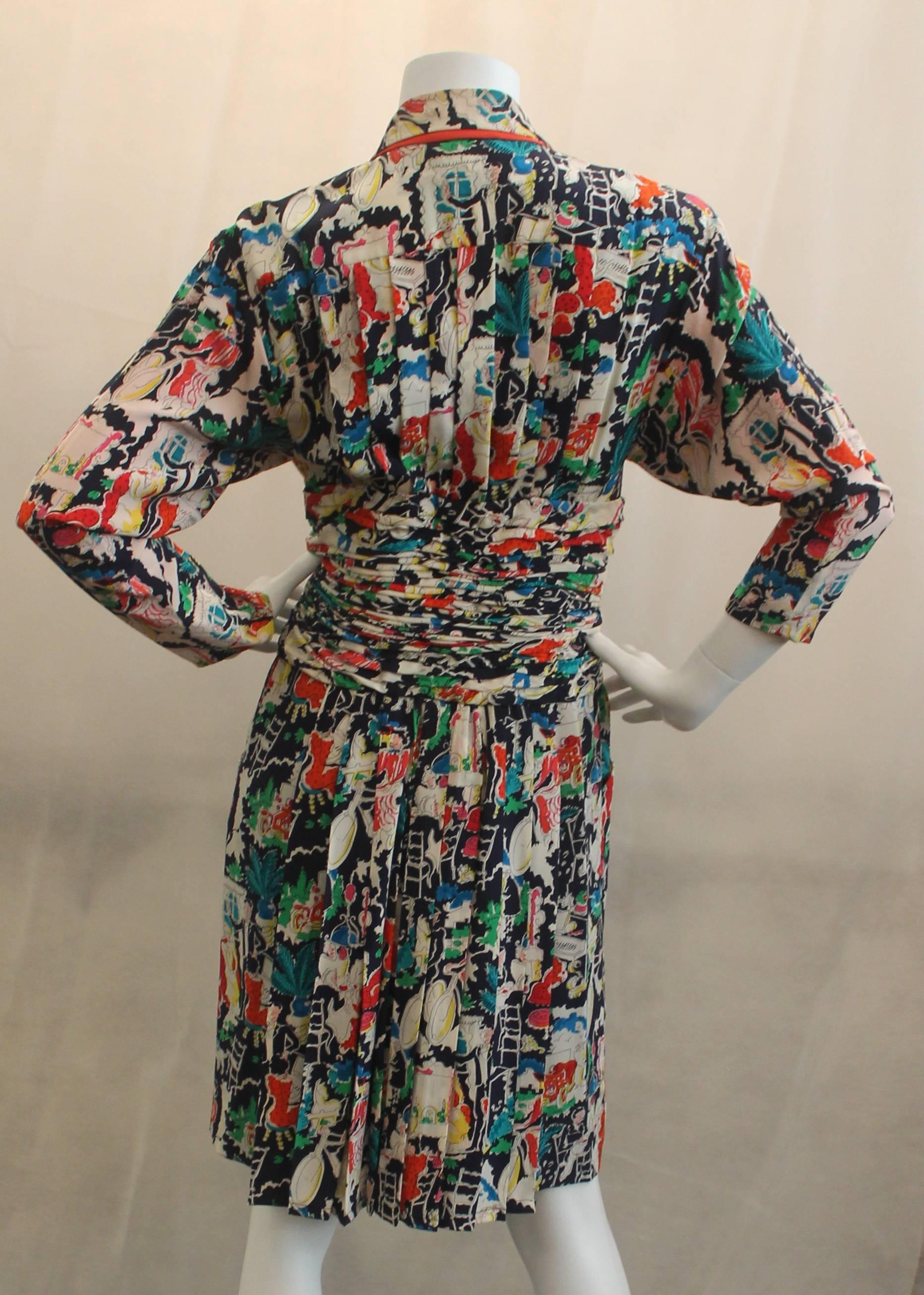 Chanel Multi-color Silk Printed Dress and Coat Set - 42 - circa 1980's ...