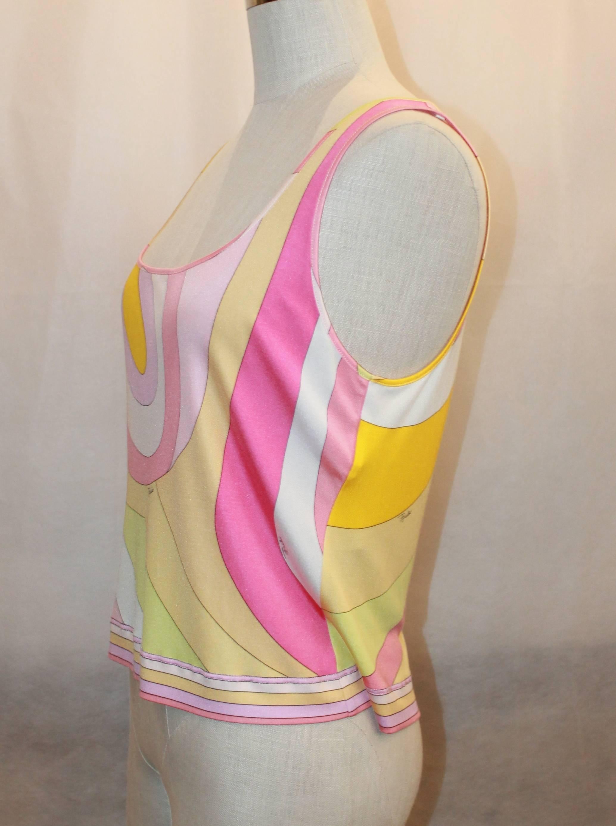 Emilio Pucci Pink & Orange Silk Jersey Sleeveless Striped Tank - 14. This cropped blouse is in good condition with pulls on the fabric. The bright colors are perfect for summer and spring.

Measurements:
Bust- 36