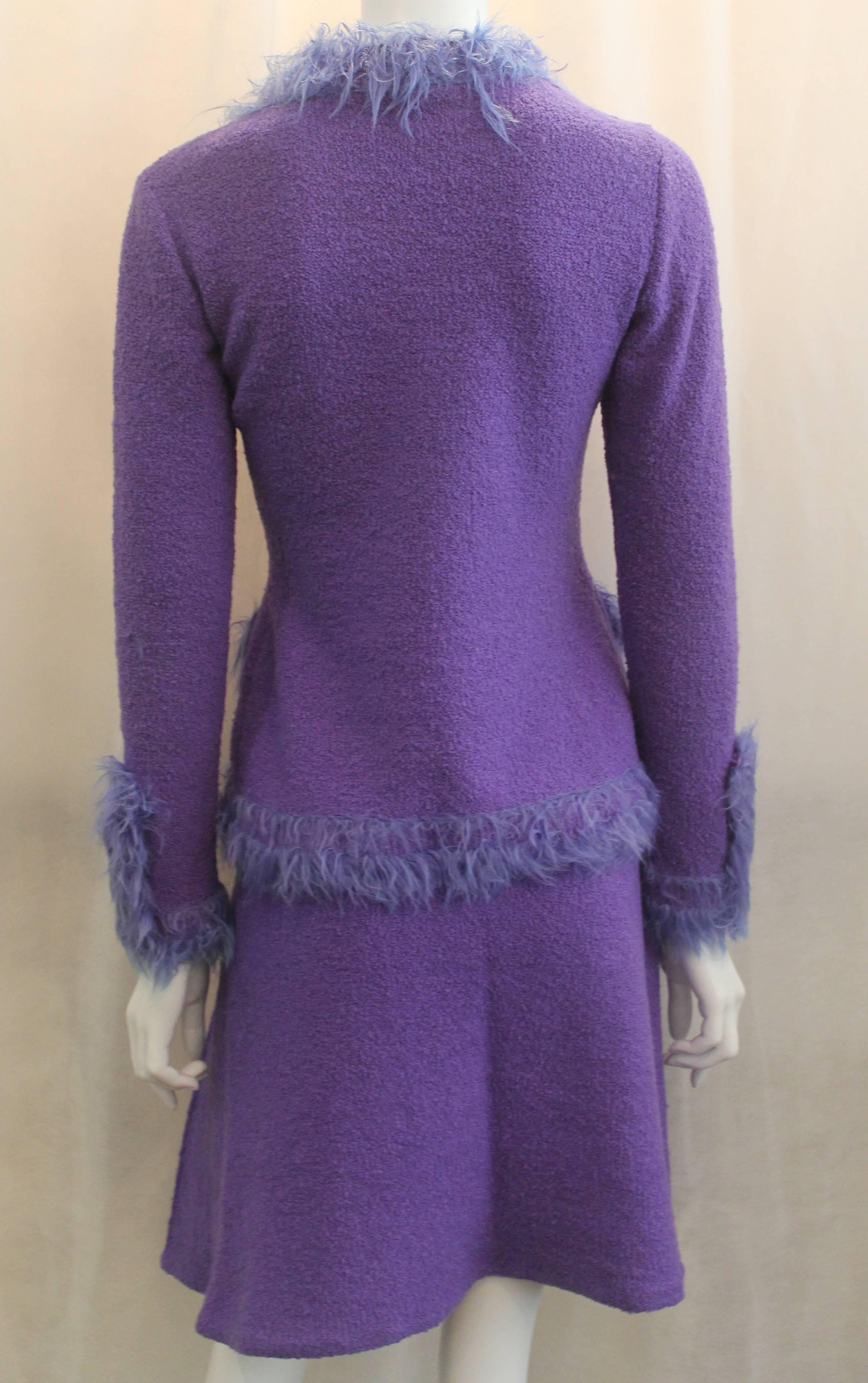 Chanel Purple Wool Skirt Suit with Faux Fur Trim - 38 - circa 1999 In Excellent Condition In West Palm Beach, FL