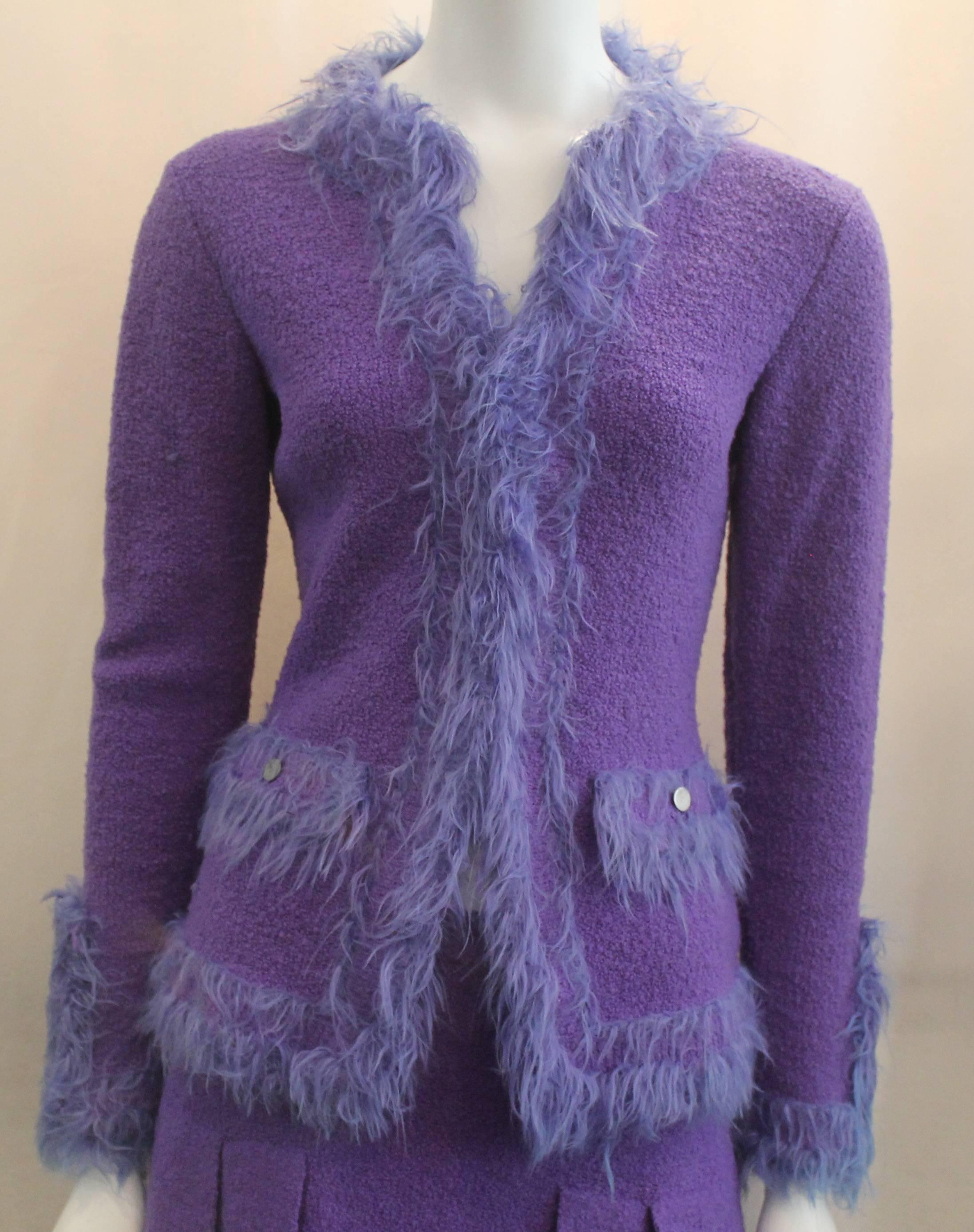 Women's Chanel Purple Wool Skirt Suit with Faux Fur Trim - 38 - circa 1999