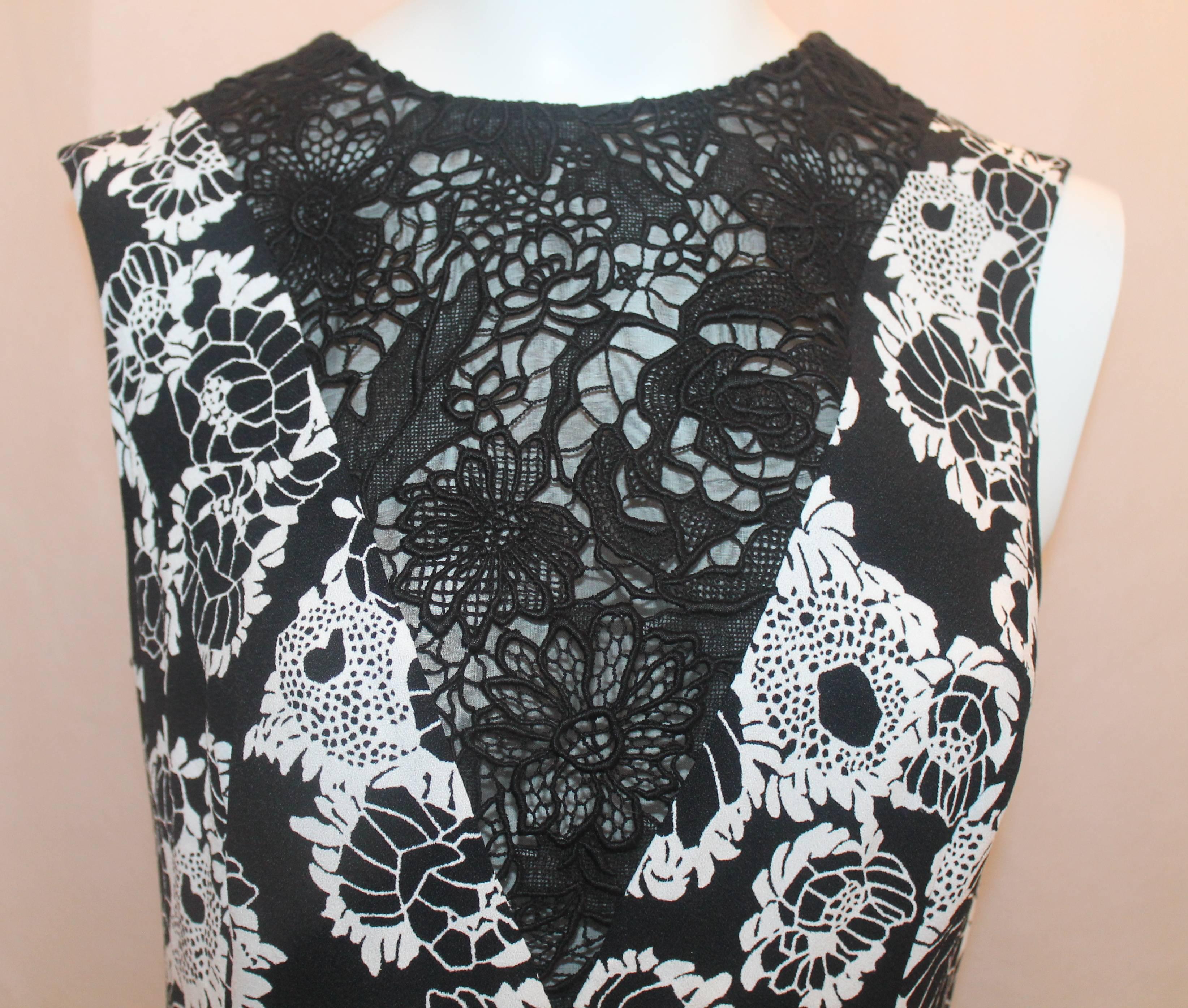 Oscar de la Renta Black & White Floral Print Dress with Lace - 6 1