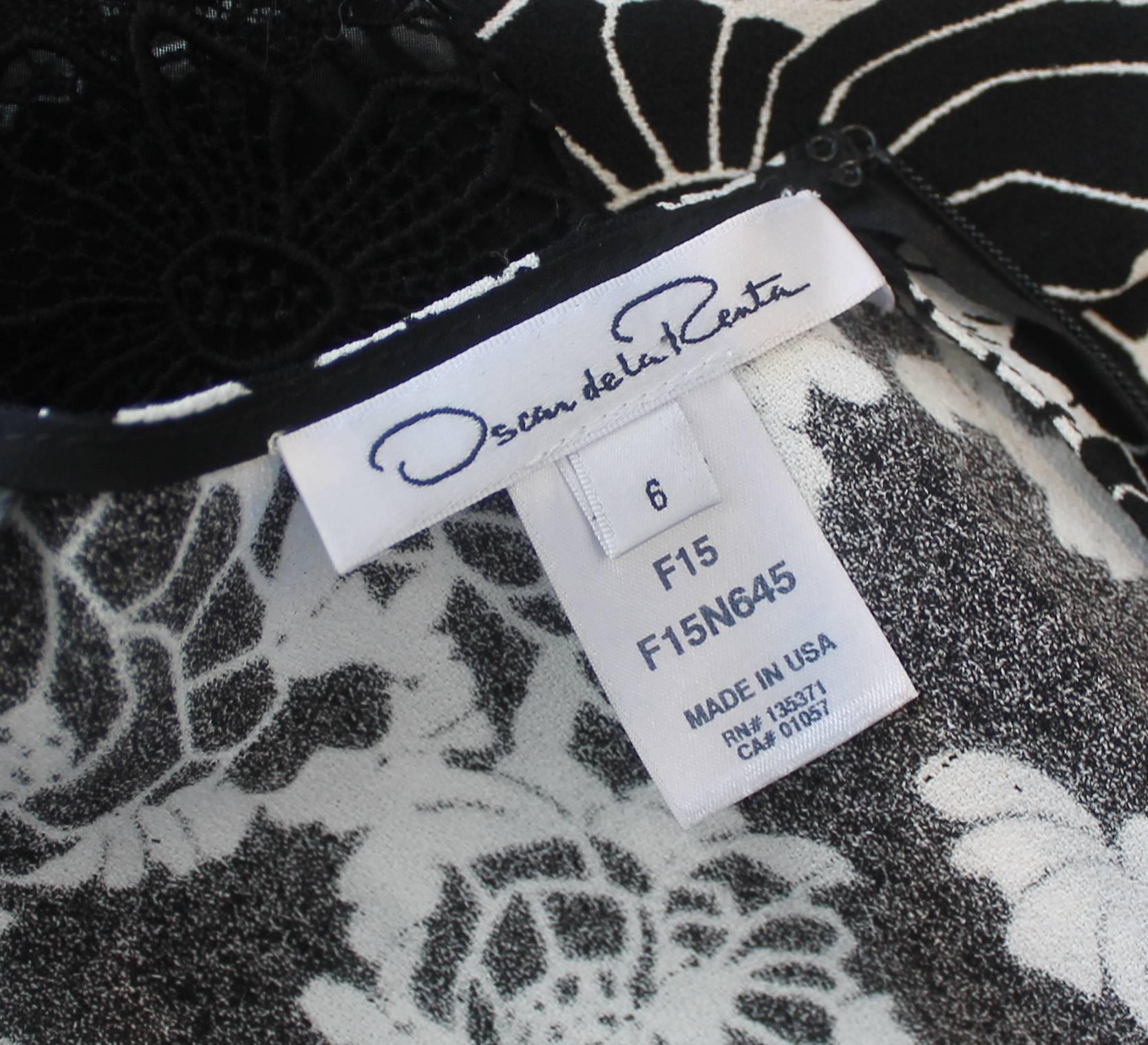 Oscar de la Renta Black & White Floral Print Dress with Lace - 6 2