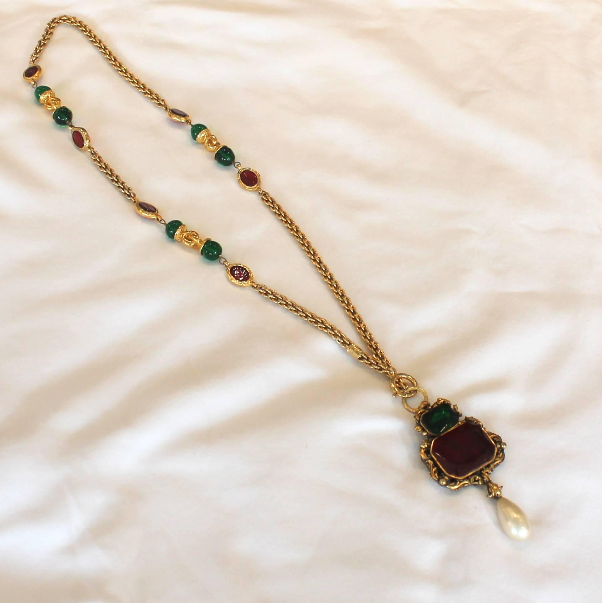 Women's Chanel Gold and Red and Green Gripoix Necklace - circa 1970s